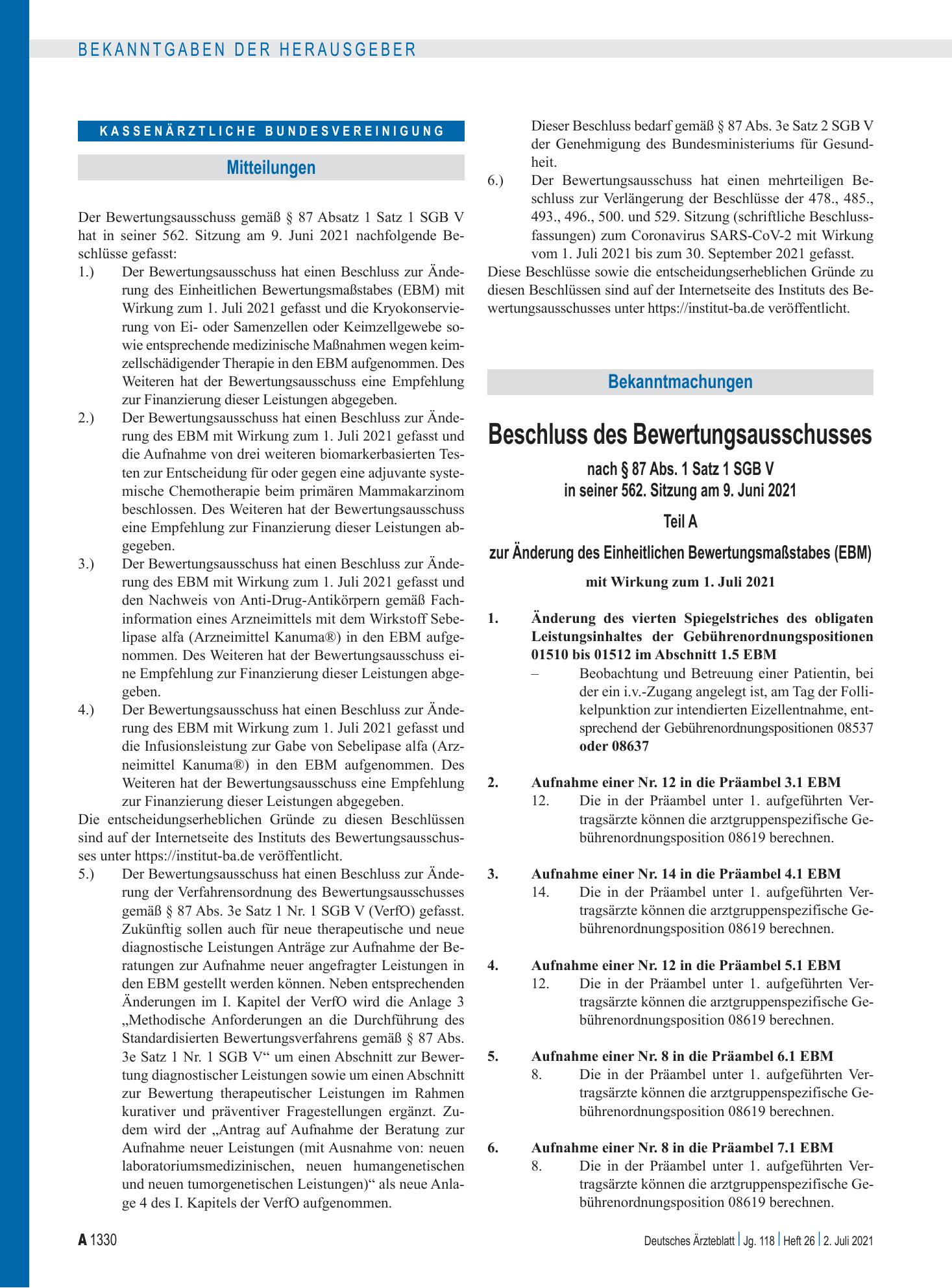 Vorschauseite 1: Beschluss des Bewertungsausschusses nach § 87 Abs. 1 Satz 1 SGB V in seiner 562. Sitzung am 9. Juni 2021 – Deutsches Ärzteblatt
