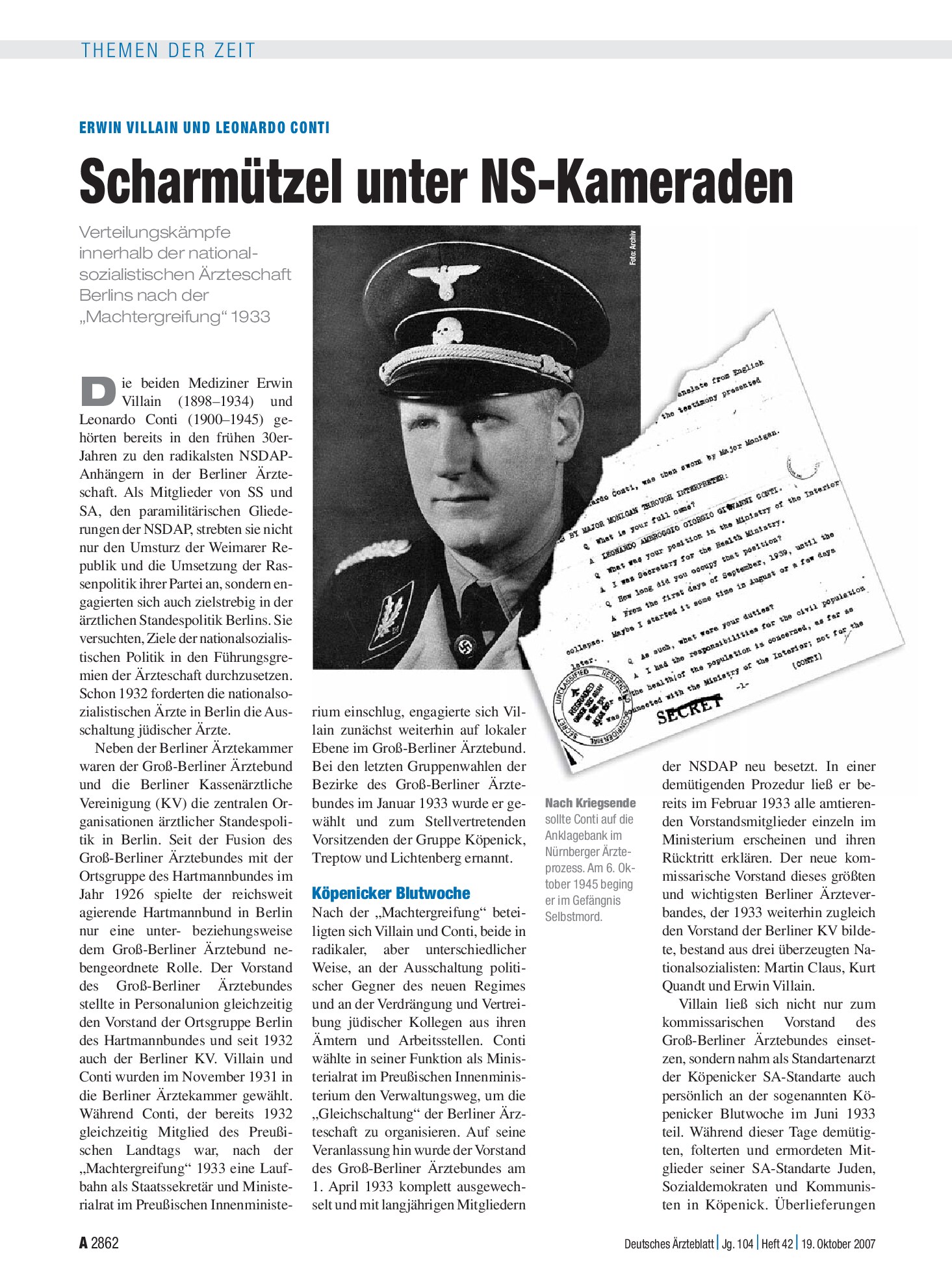Vorschauseite 1: Erwin Villain und Leonardo Conti: Scharmützel unter NS-Kameraden – Deutsches Ärzteblatt