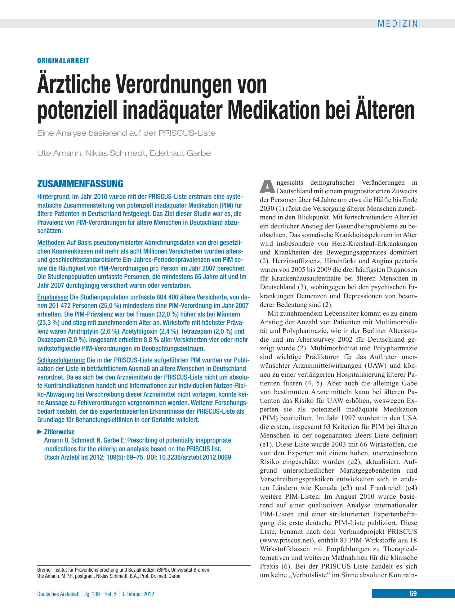 Vorschauseite 1: Ärztliche Verordnungen von potenziell inadäquater Medikation bei Älteren – Deutsches Ärzteblatt