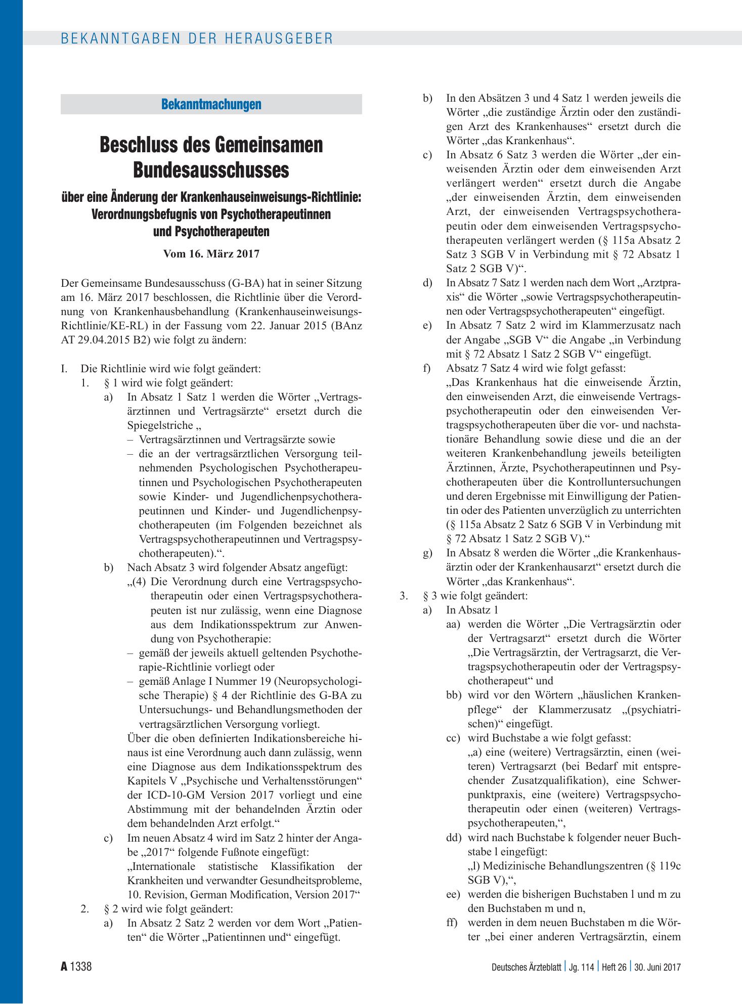 Vorschauseite 1: Beschluss des Gemeinsamen Bundesausschusses über eine Änderung der Krankenhauseinweisungs-Richtlinie: Verordnungsbefugnis von Psychotherapeutinnen und Psychotherapeuten – Deutsche…