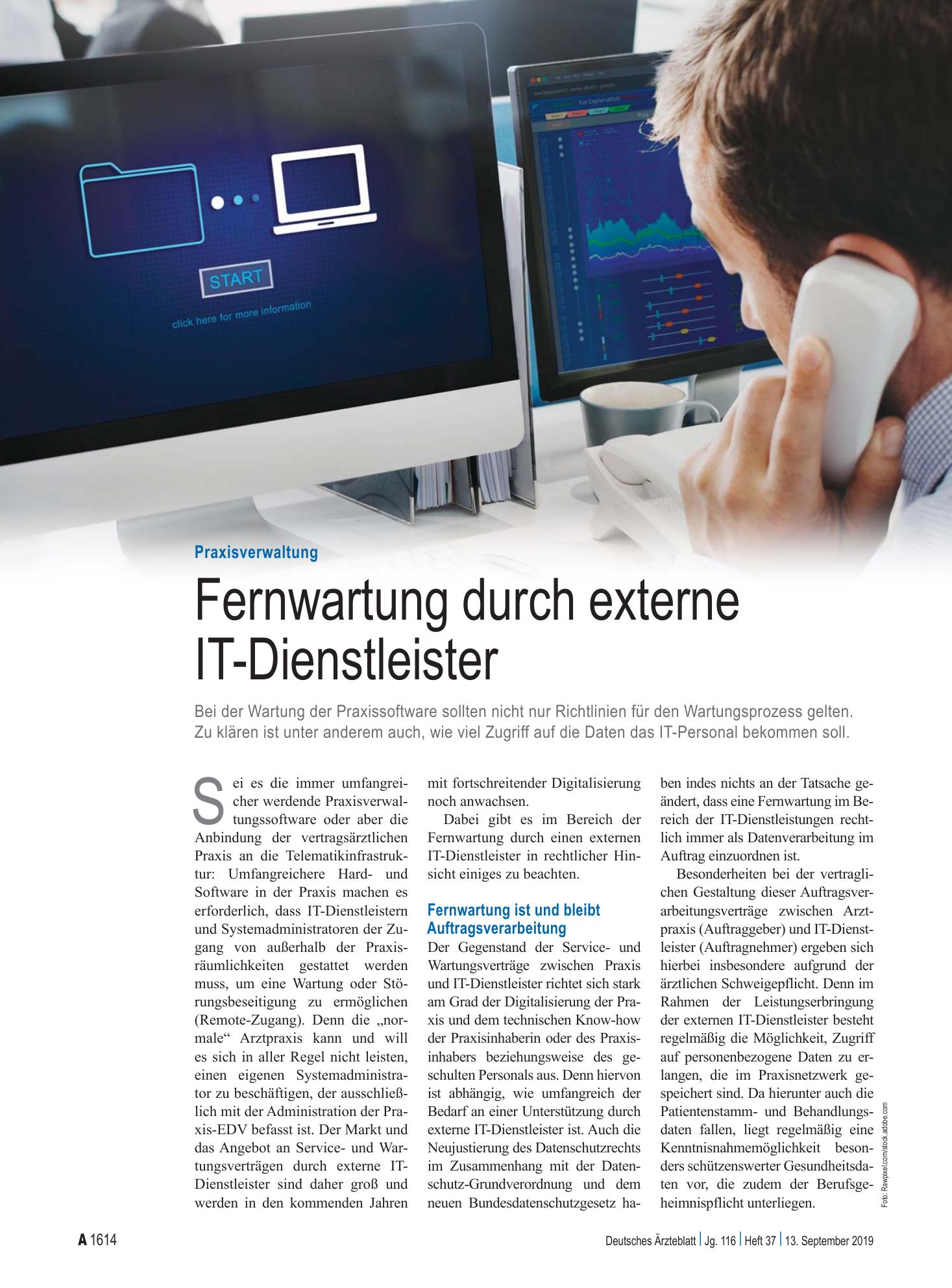 Vorschauseite 1: Praxisverwaltung: Fernwartung durch externe IT-Dienstleister – Deutsches Ärzteblatt