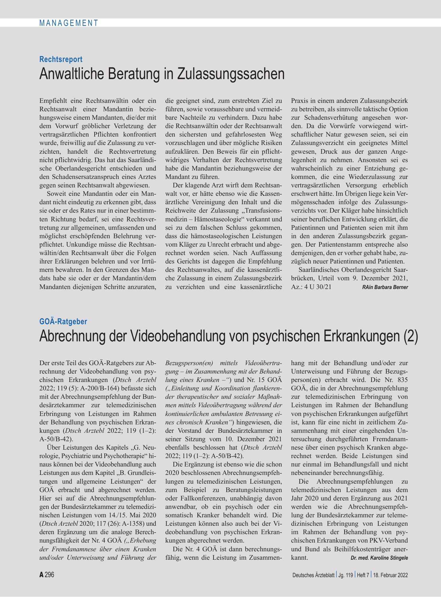 Vorschauseite 1: GOÄ-Ratgeber: Abrechnung der Videobehandlung von psychischen Erkrankungen (2) – Deutsches Ärzteblatt