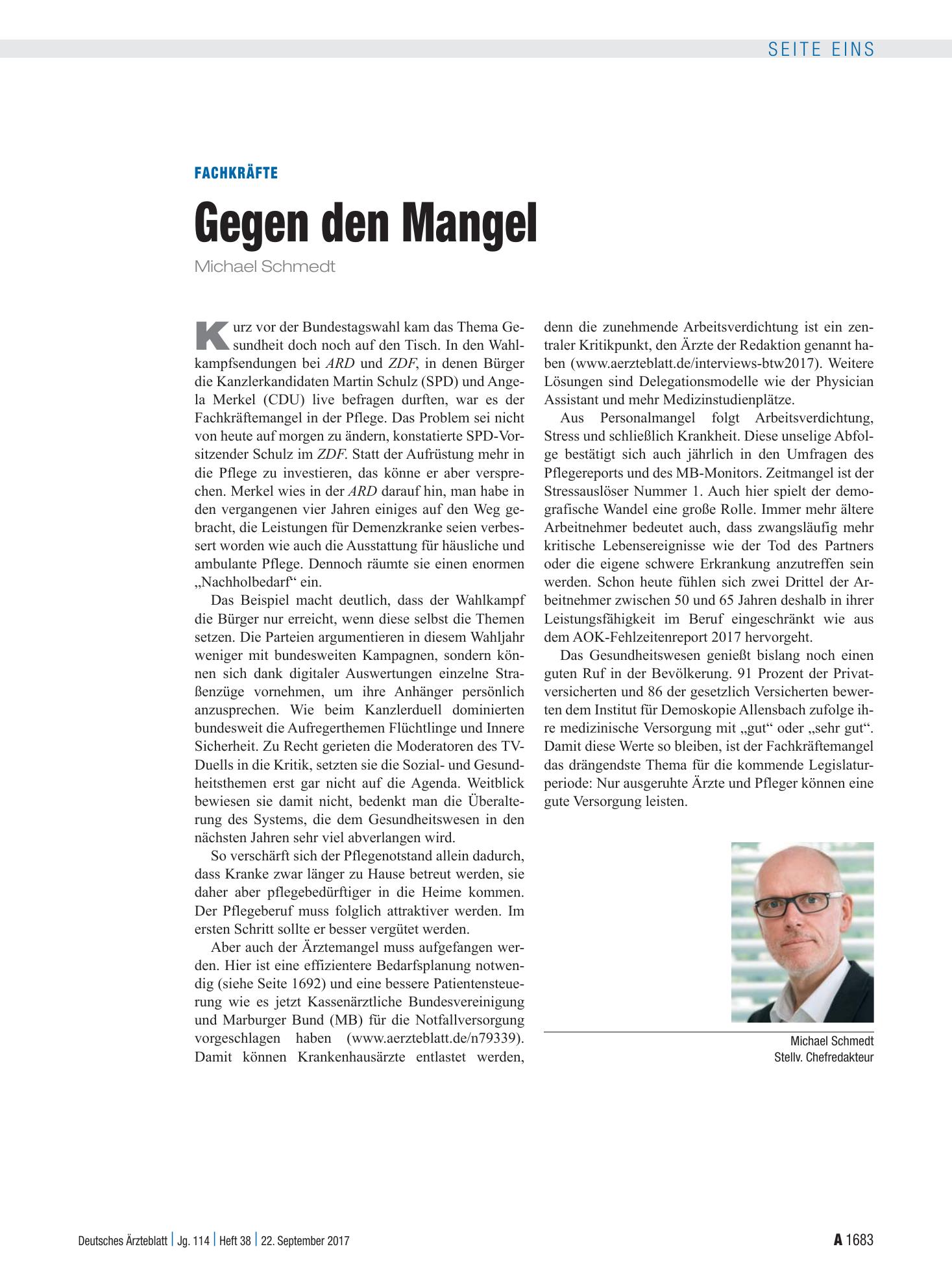 Vorschauseite 1: Fachkräfte: Gegen den Mangel – Deutsches Ärzteblatt