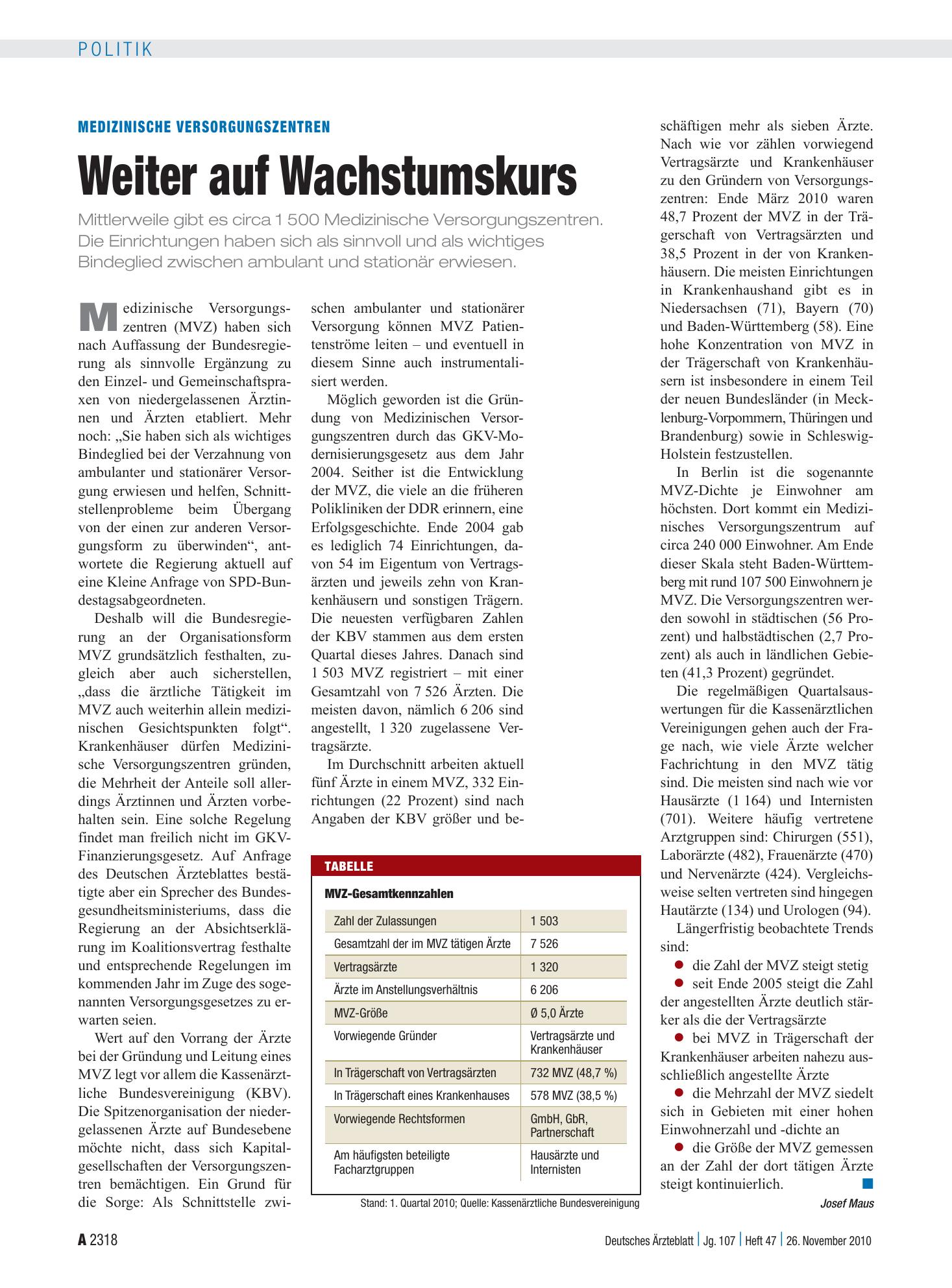 Vorschauseite 1: Medizinische Versorgungszentren: Weiter auf Wachstumskurs – Deutsches Ärzteblatt