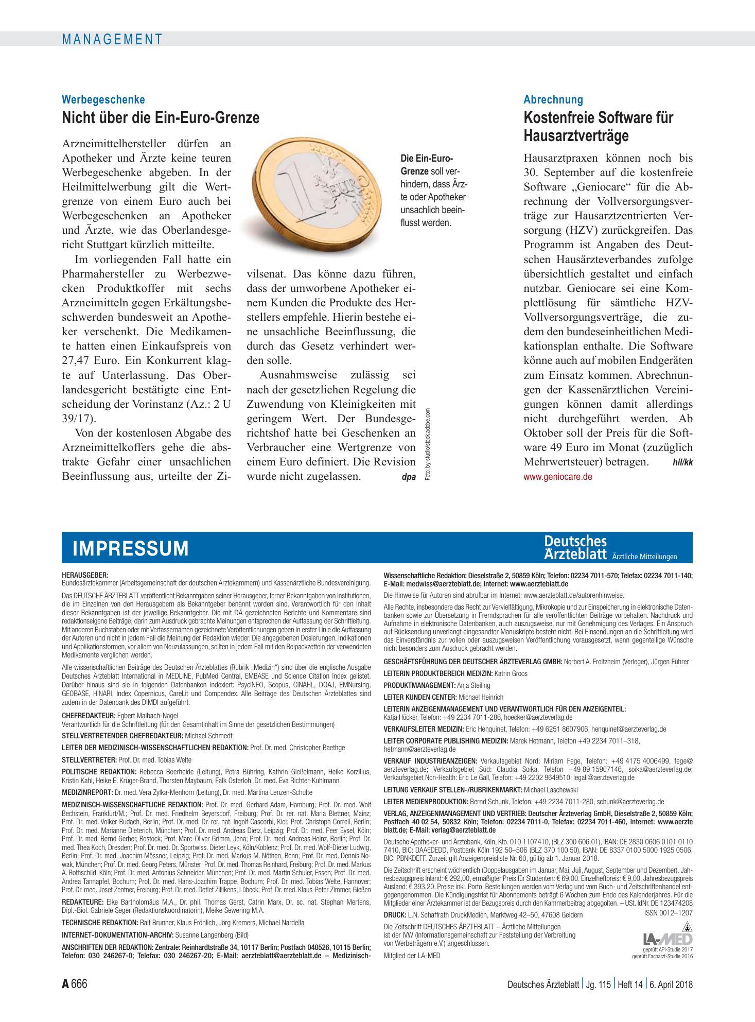 Vorschauseite 1: Werbegeschenke: Nicht über die Ein-Euro-Grenze – Deutsches Ärzteblatt
