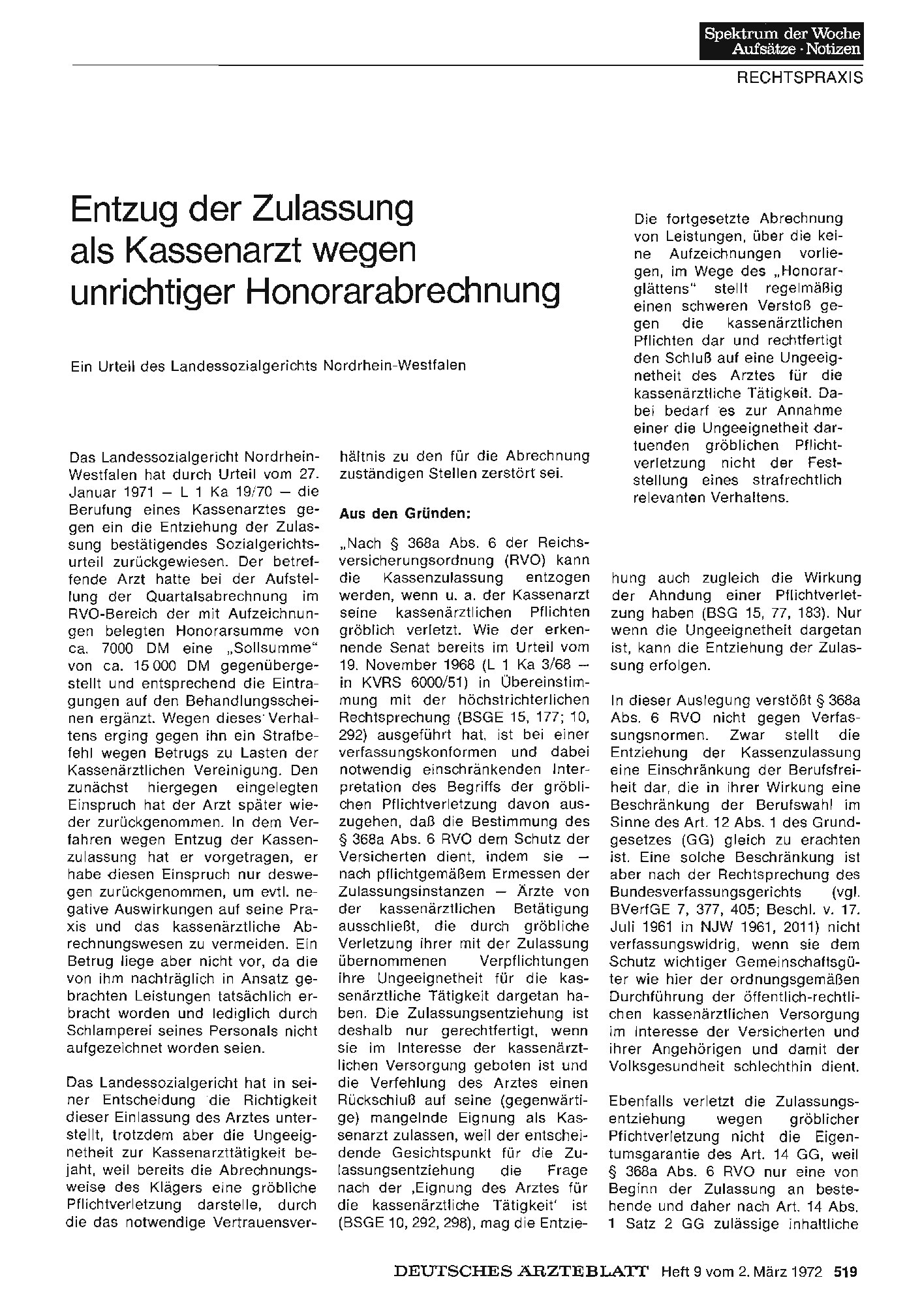 Vorschauseite 1: Entzug der Zulassung als Kassenarzt wegen unrichtiger Honorarabrechnung