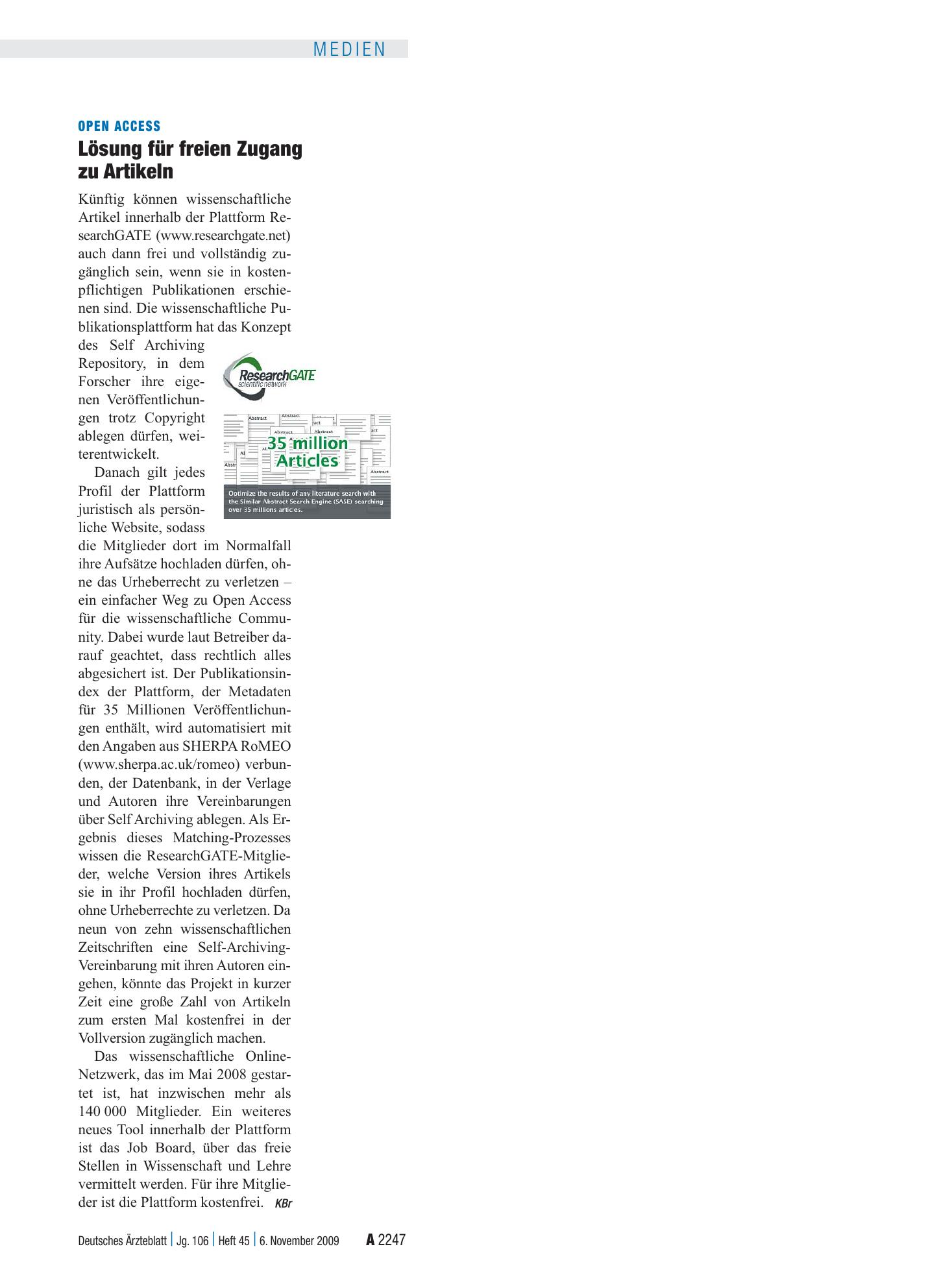 Vorschauseite 1: Open Access: Lösung für freien Zugang zu Artikeln – Deutsches Ärzteblatt