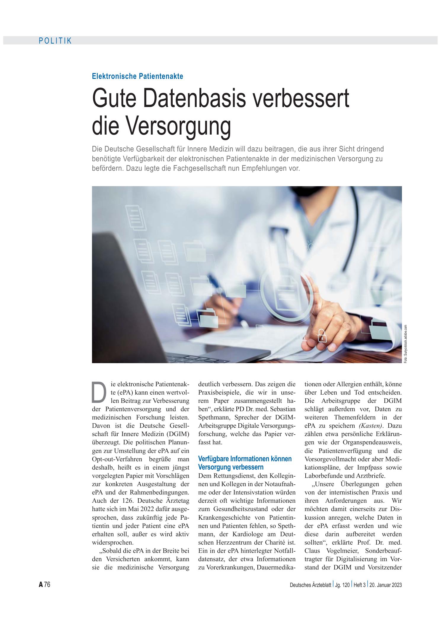 Vorschauseite 1: Elektronische Patientenakte: Gute Datenbasis verbessert die Versorgung – Deutsches Ärzteblatt