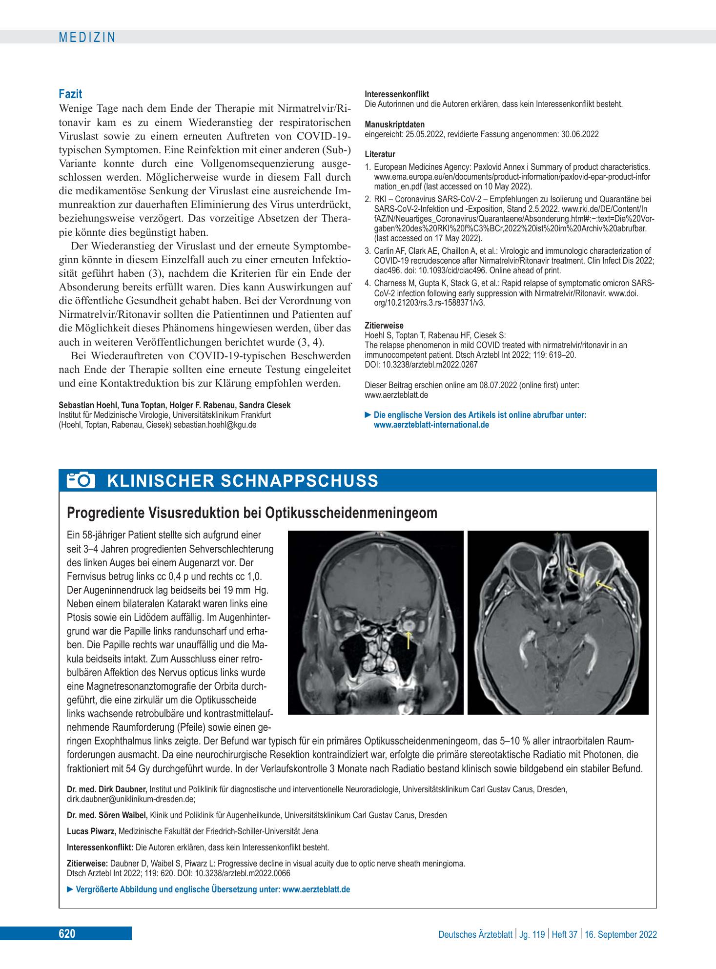 Vorschauseite 1: Progrediente Visusreduktion bei Optikusscheidenmeningeom – Deutsches Ärzteblatt