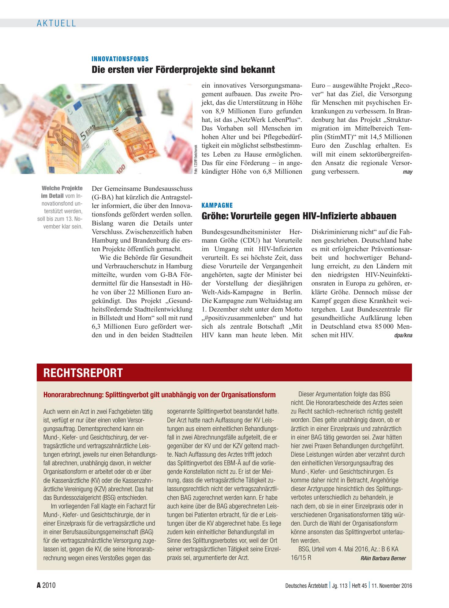 Vorschauseite 1: Honorarabrechnung: Splittingverbot gilt unabhängig von der Organisationsform – Deutsches Ärzteblatt