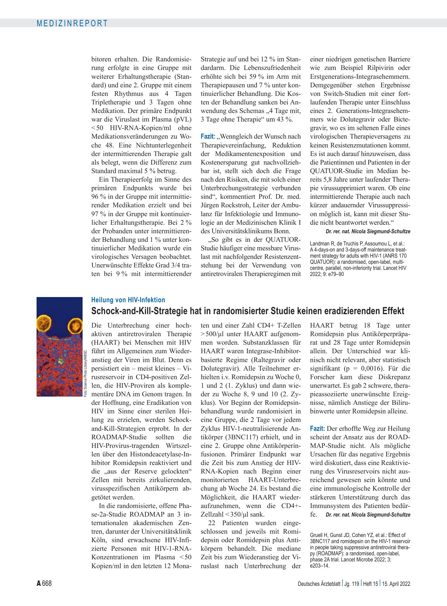 Vorschauseite 1: Heilung von HIV-Infektion: Schock-and-Kill-Strategie hat in randomisierter Studie keinen eradizierenden Effekt – Deutsches Ärzteblatt