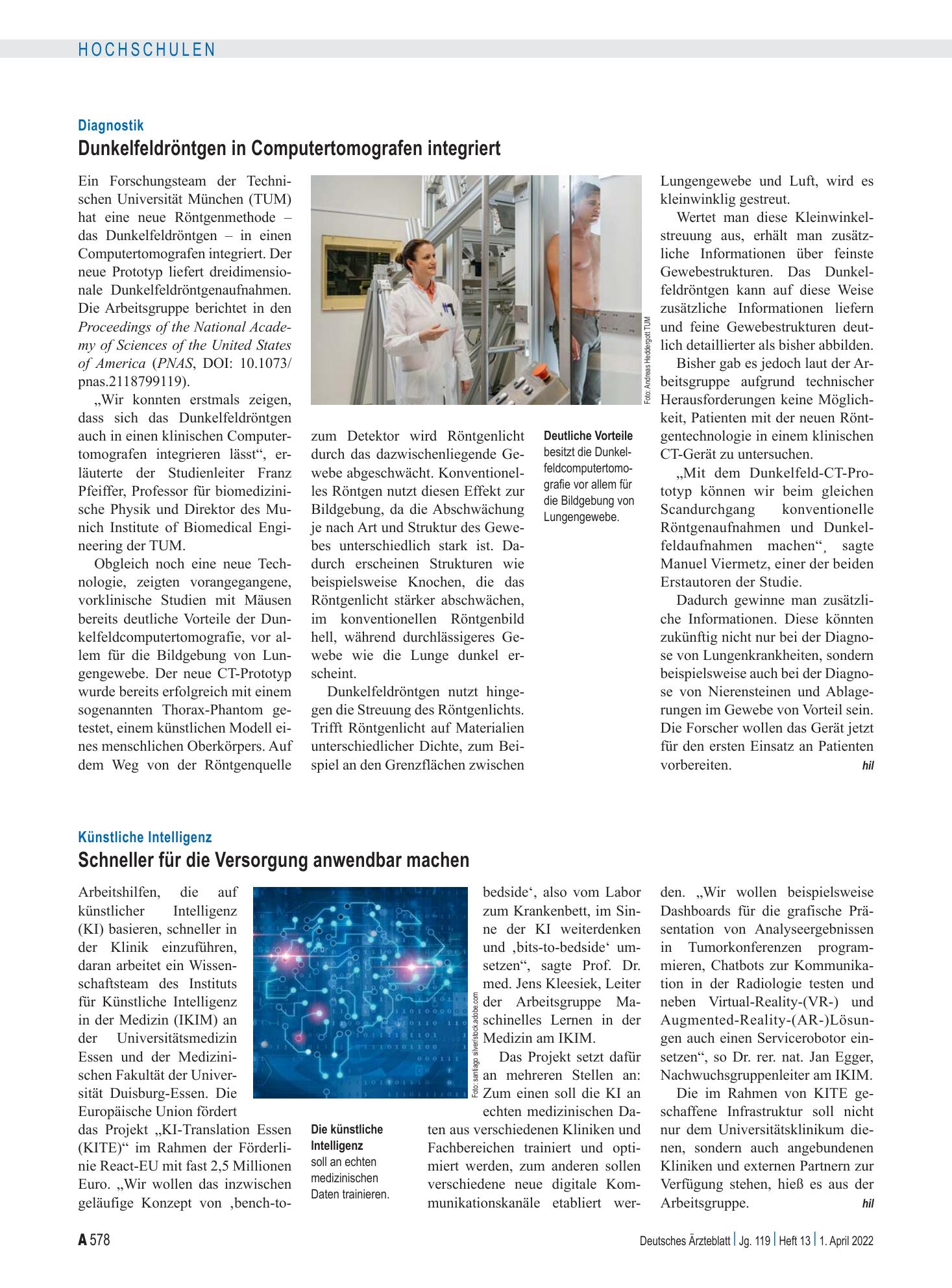 Vorschauseite 1: Diagnostik: Dunkelfeldröntgen in Computertomografen integriert – Deutsches Ärzteblatt