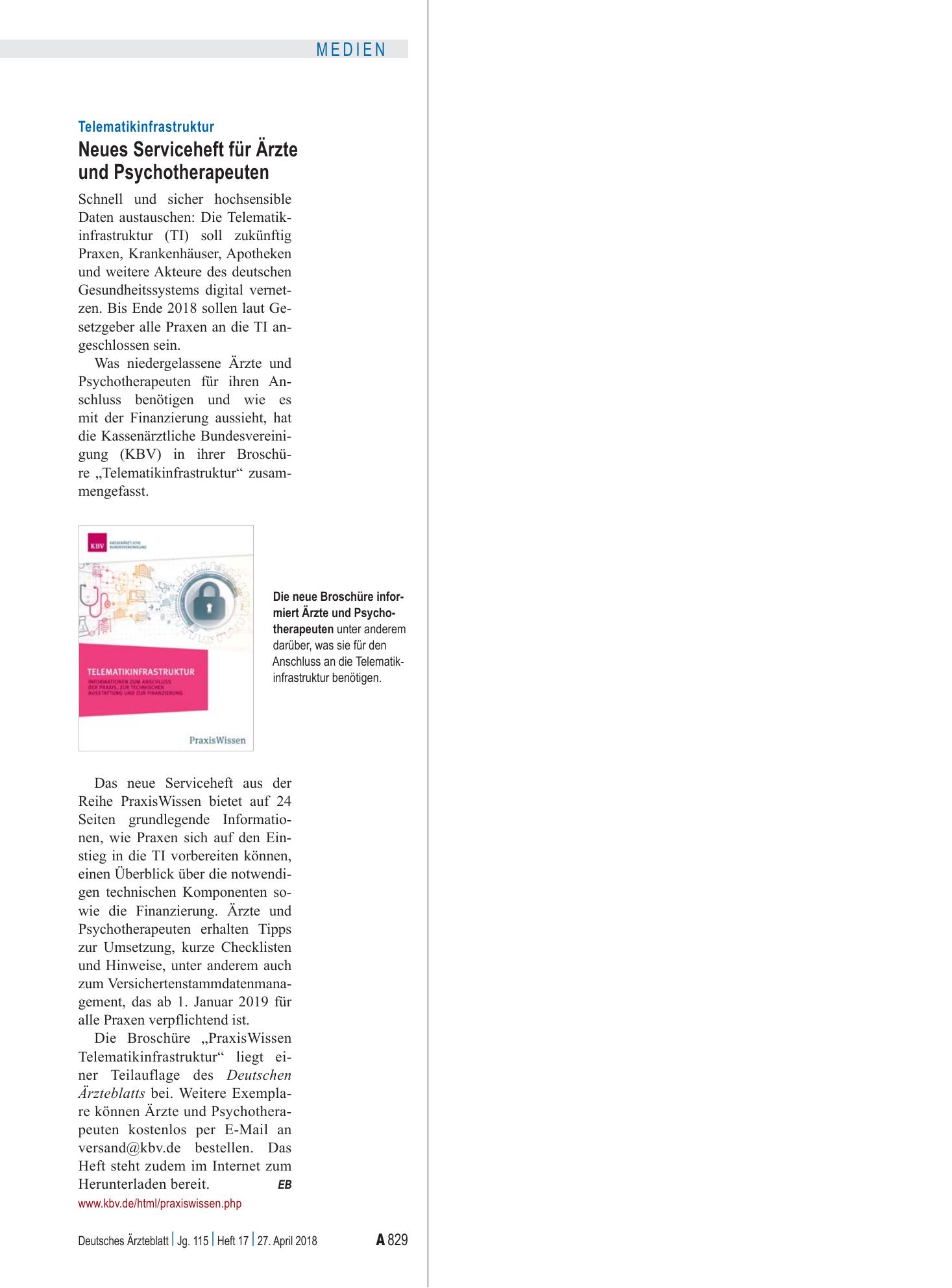 Vorschauseite 1: Telematikinfrastruktur: Neues Serviceheft für Ärzte und Psychotherapeuten – Deutsches Ärzteblatt
