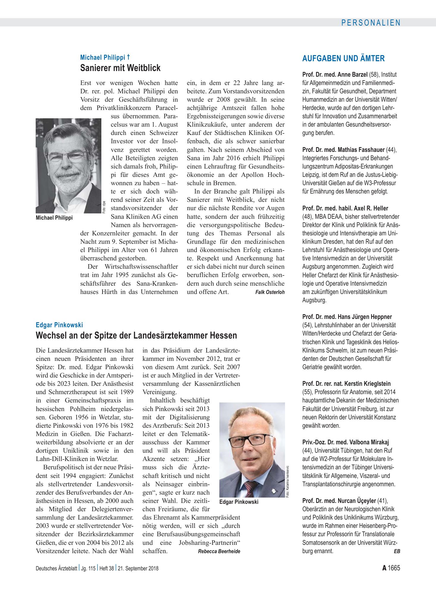 Vorschauseite 1: Michael Philippi †: Sanierer mit Weitblick – Deutsches Ärzteblatt