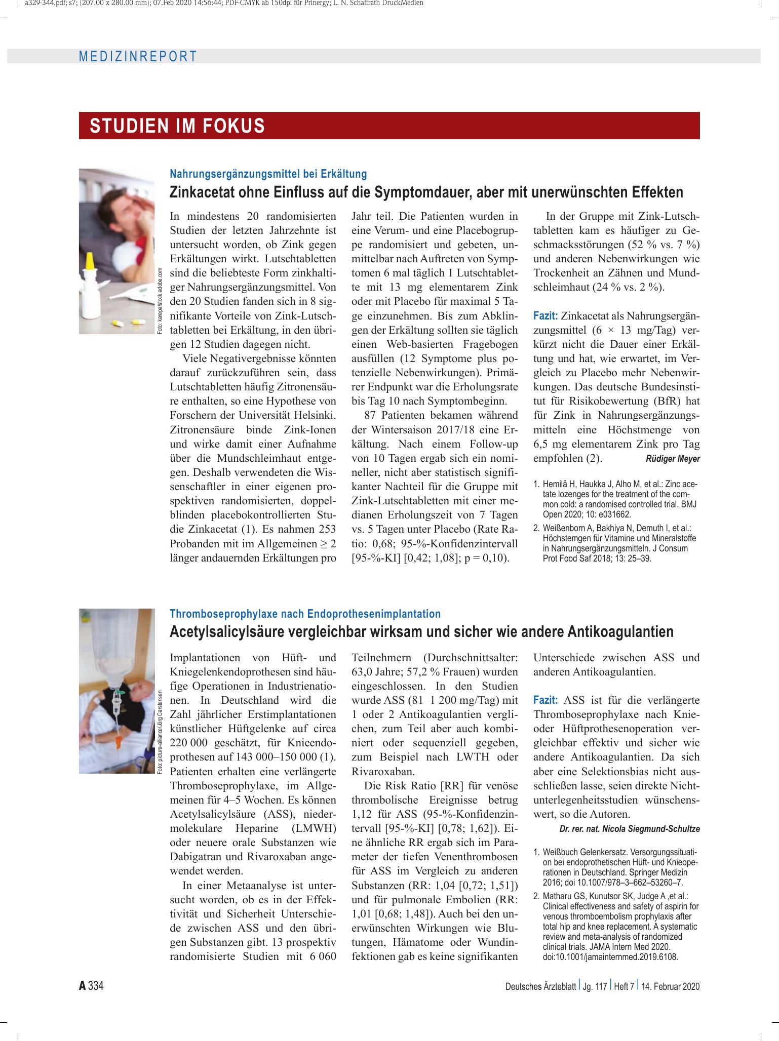Vorschauseite 1: Nahrungsergänzungsmittel bei Erkältung: Zinkacetat ohne Einfluss auf die Symptomdauer, aber mit unerwünschten Effekten – Deutsches Ärzteblatt