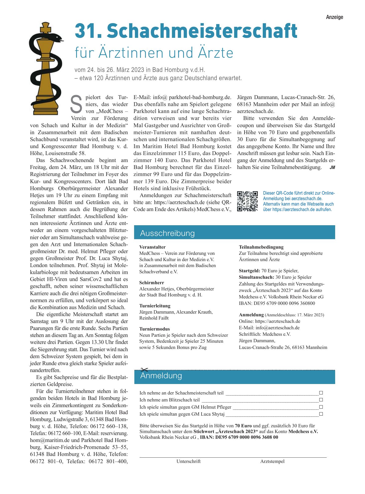 Vorschauseite 1: 31. Schachmeisterschaft für Ärztinnen und Ärzte – Deutsches Ärzteblatt