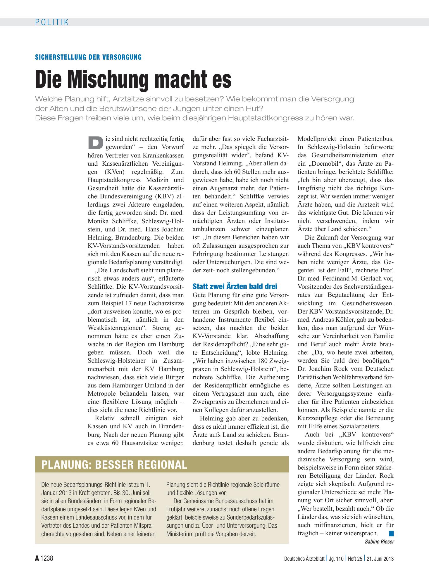 Vorschauseite 1: Sicherstellung der Versorgung: Die Mischung macht es – Deutsches Ärzteblatt