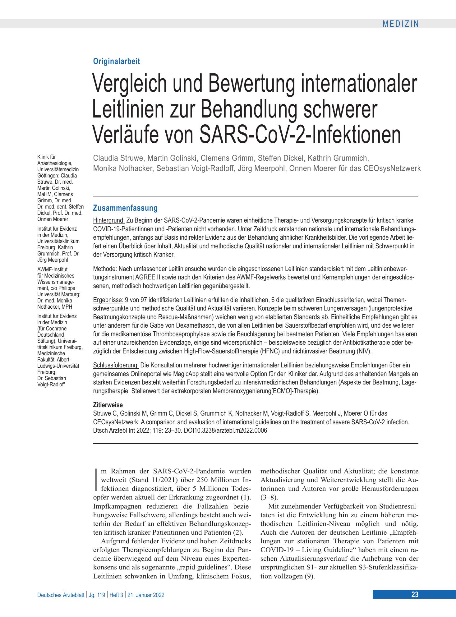 Vorschauseite 1: Vergleich und Bewertung internationaler Leitlinien zur Behandlung schwerer Verläufe von SARS-CoV-2-Infektionen – Deutsches Ärzteblatt