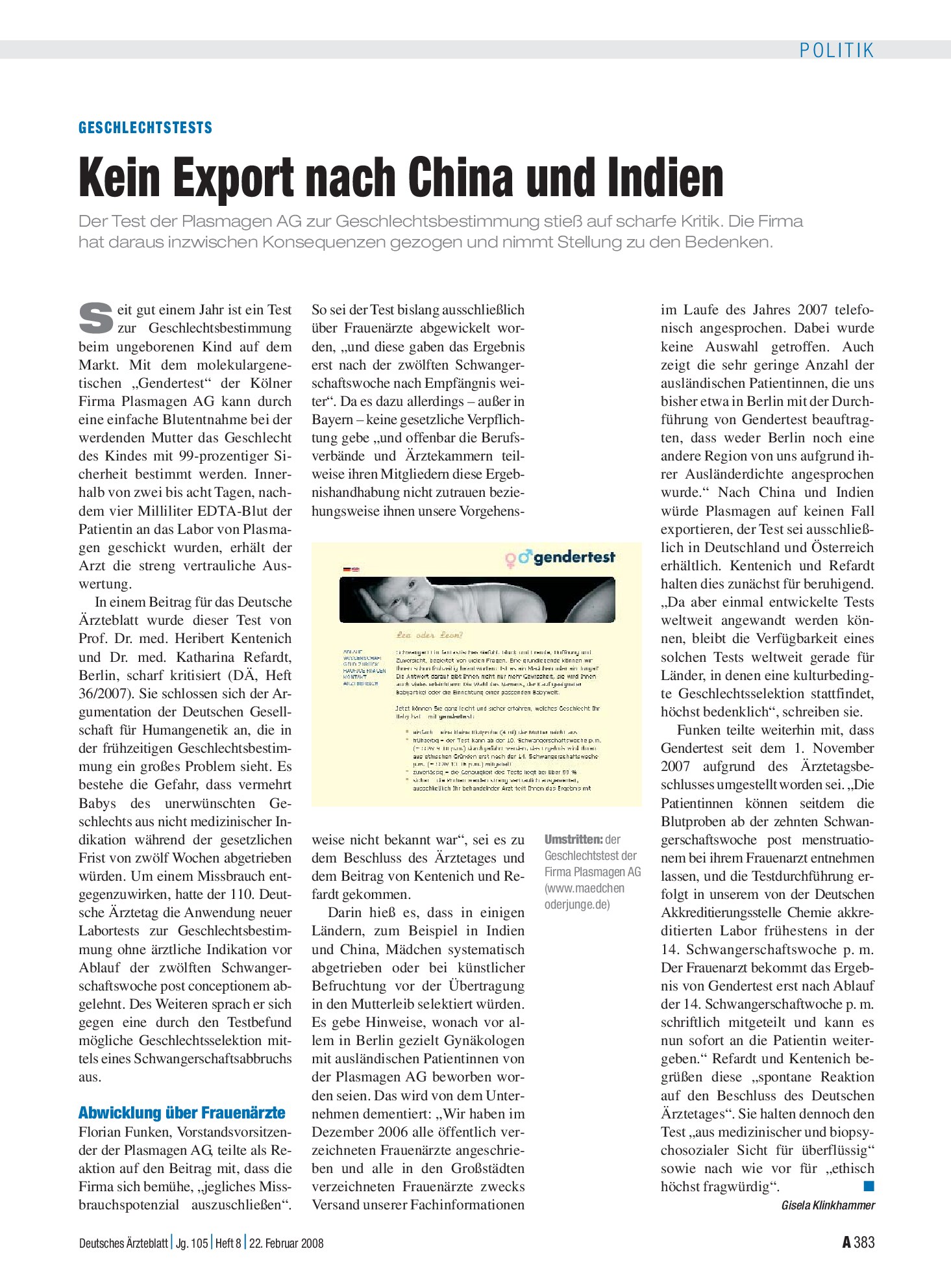 Vorschauseite 1: Geschlechtstests: Kein Export nach China und Indien – Deutsches Ärzteblatt