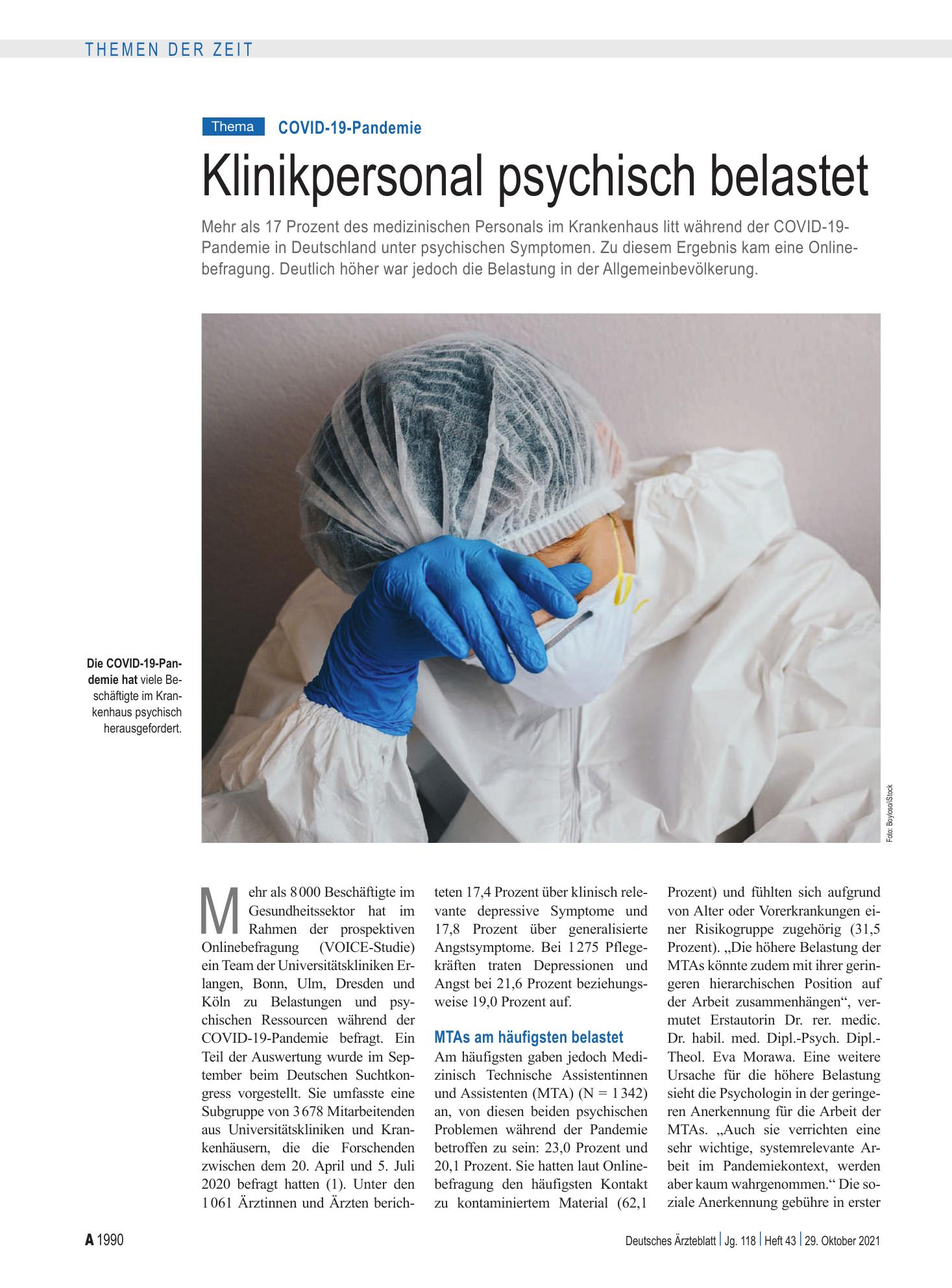 Vorschauseite 1: COVID-19-Pandemie: Klinikpersonal psychisch belastet – Deutsches Ärzteblatt