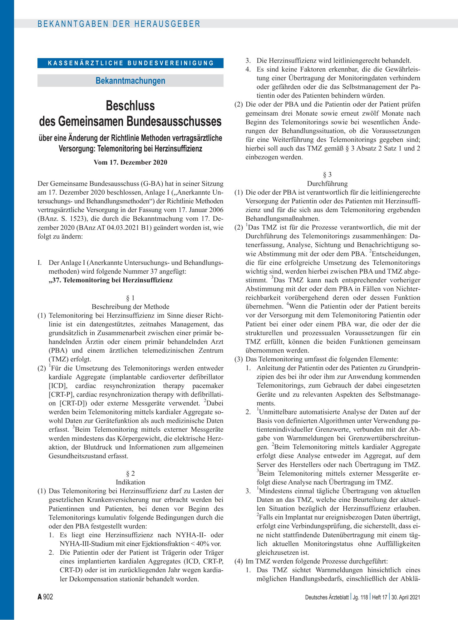 Vorschauseite 1: Beschluss des Gemeinsamen Bundesausschusses über eine Änderung der Richtlinie Methoden vertragsärztliche Versorgung: Telemonitoring bei Herzinsuffizienz – Deutsches Ärzteblatt