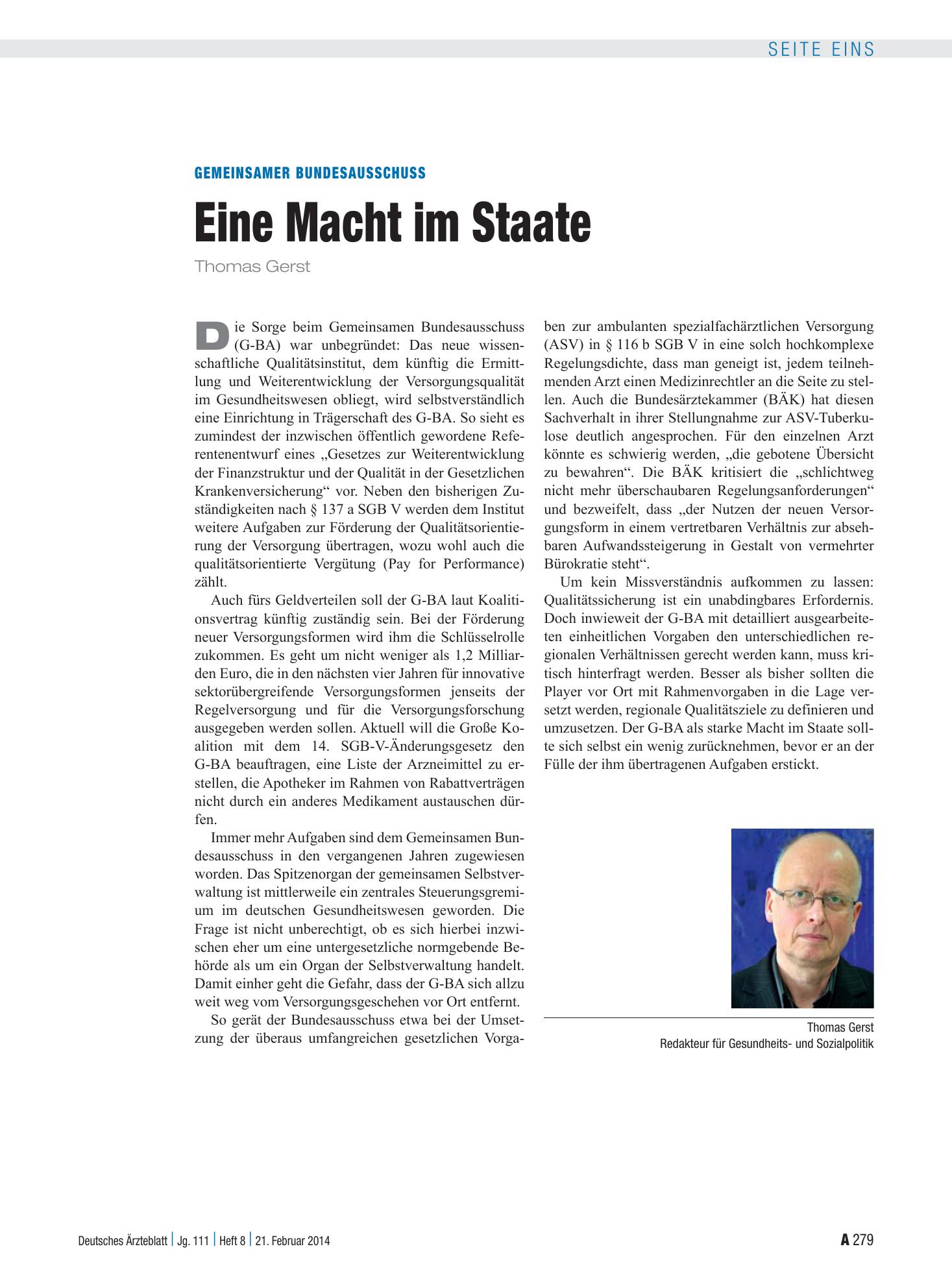 Vorschauseite 1: Gemeinsamer Bundesausschuss: Eine Macht im Staate – Deutsches Ärzteblatt