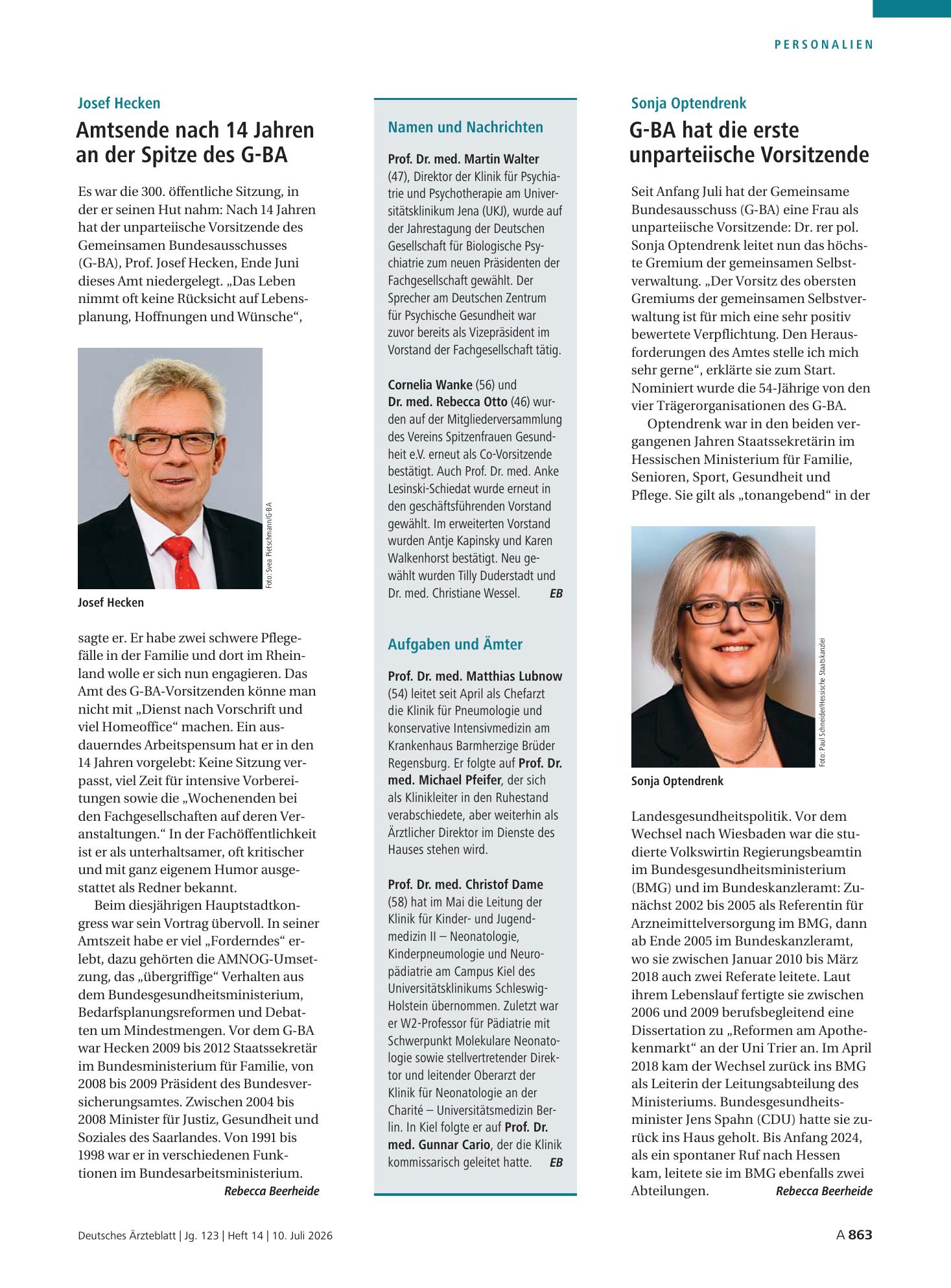 Vorschauseite 1: Namen und Nachrichten / Aufgaben und Ämter – Deutsches Ärzteblatt
