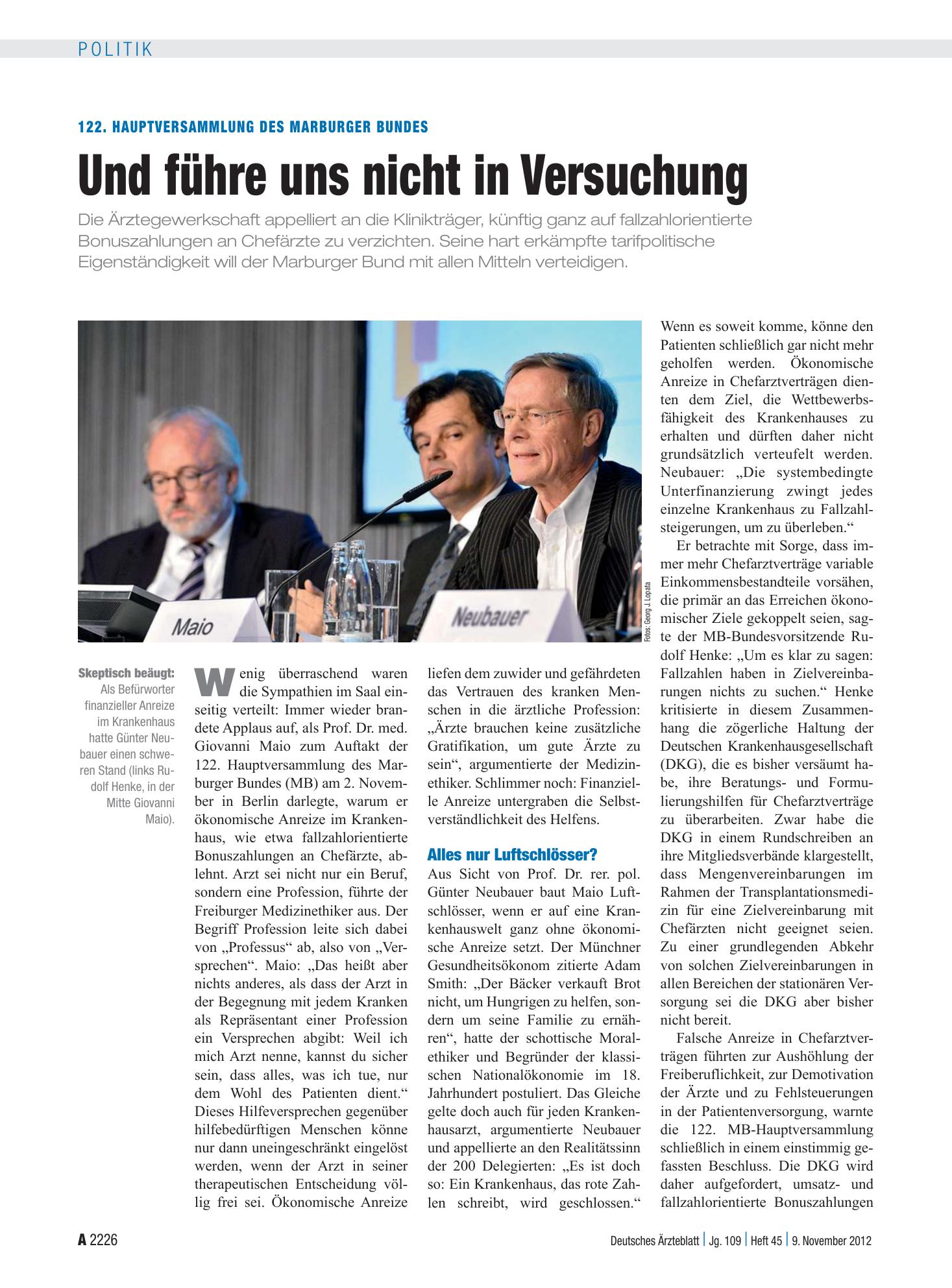 Vorschauseite 1: 122. Hauptversammlung des Marburger Bundes: Und führe uns nicht in Versuchung – Deutsches Ärzteblatt