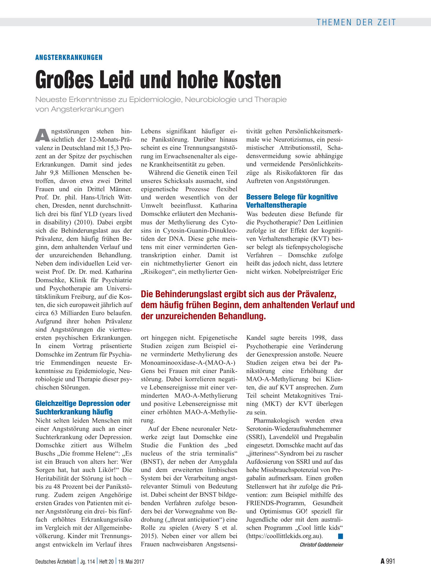Vorschauseite 1: Angsterkrankungen: Großes Leid und hohe Kosten – Deutsches Ärzteblatt