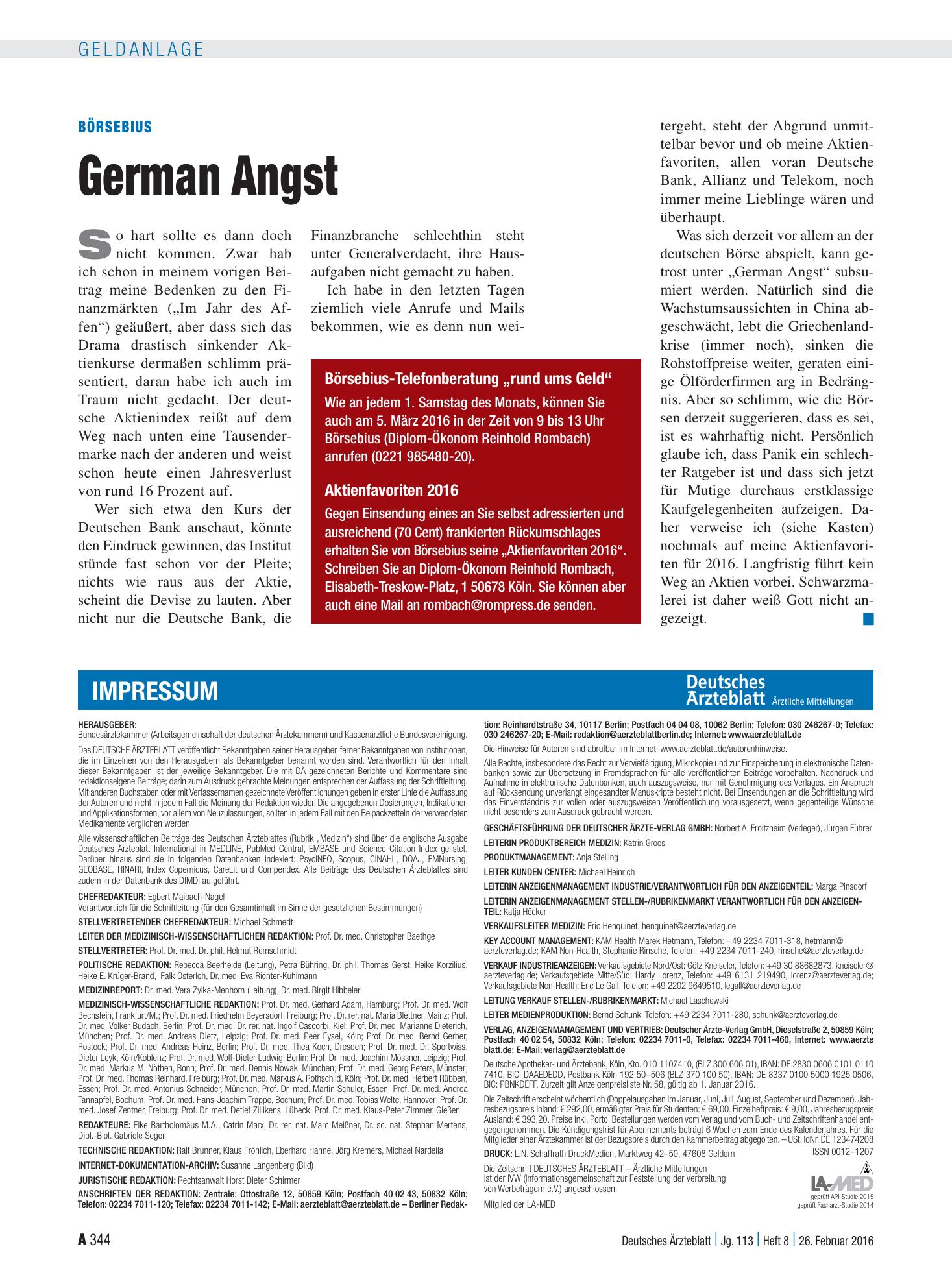 Vorschauseite 1: Börsebius: German Angst – Deutsches Ärzteblatt