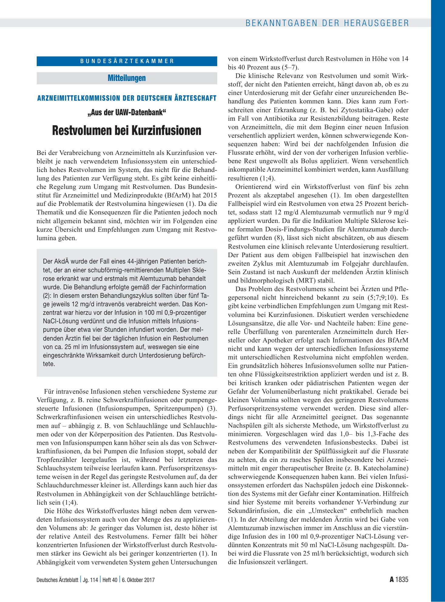 Vorschauseite 1: Arzneimittelkommission der Deutschen Ärzteschaft: „Aus der UAW-Datenbank“ – Restvolumen bei Kurzinfusionen Literatur – Deutsches Ärzteblatt