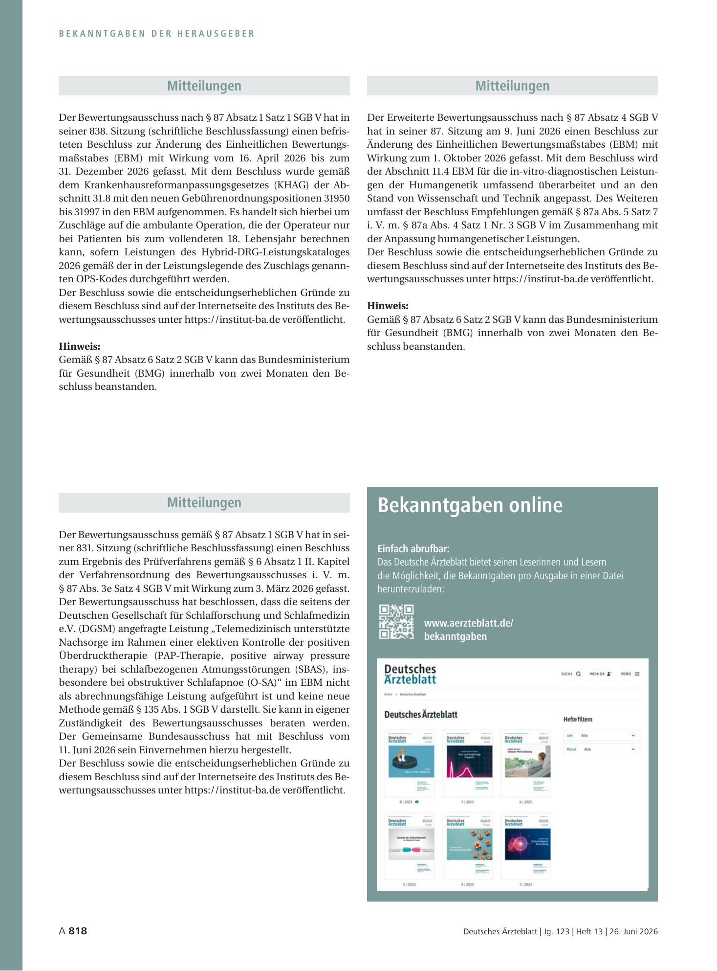 Vorschauseite 1: Mitteilungen – Deutsches Ärzteblatt