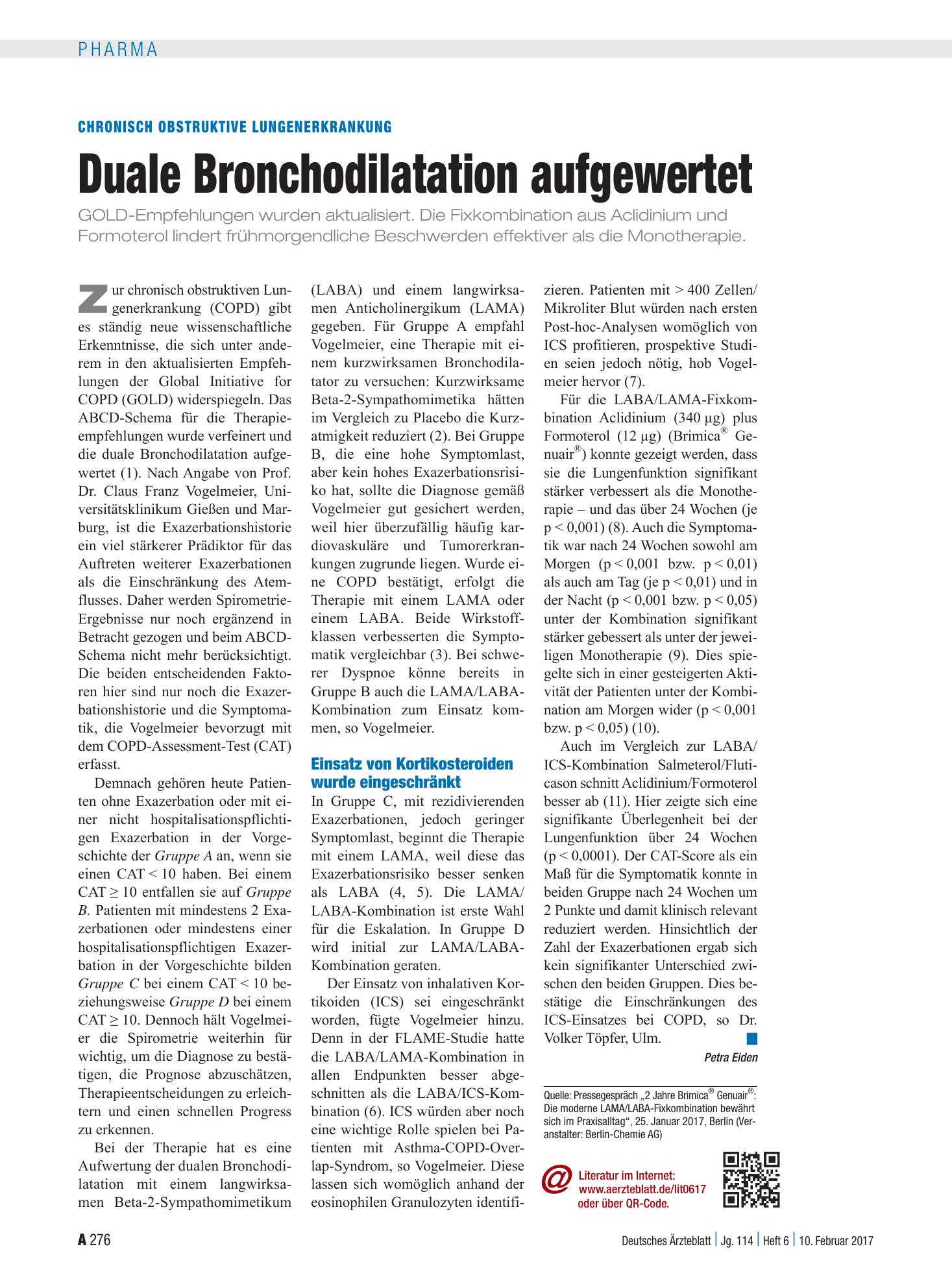 Vorschauseite 1: Chronisch obstruktive Lungenerkrankung: Duale Bronchodilatation aufgewertet – Deutsches Ärzteblatt