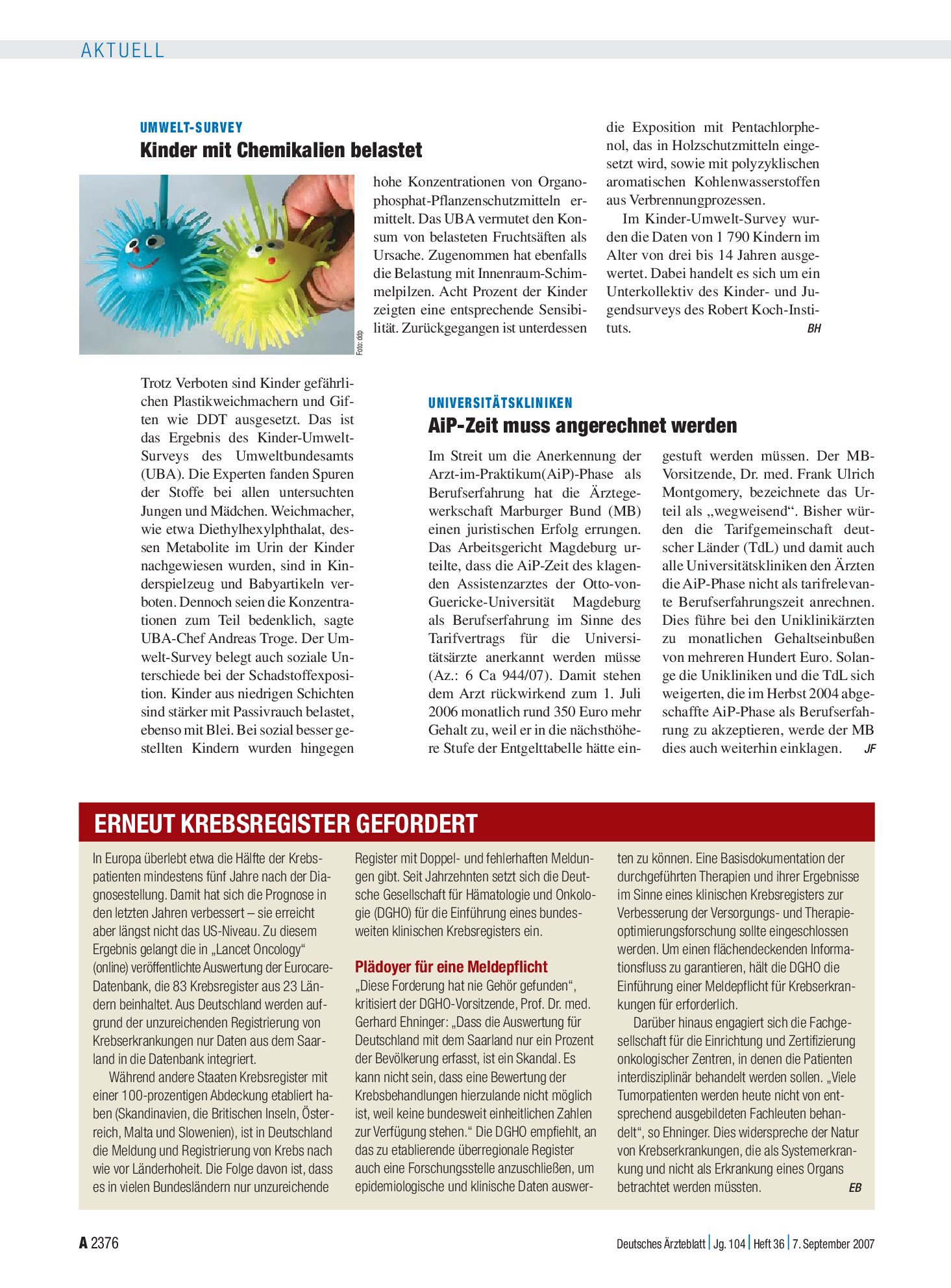 Vorschauseite 1: Umwelt-Survey: Kinder mit Chemikalien belastet – Deutsches Ärzteblatt