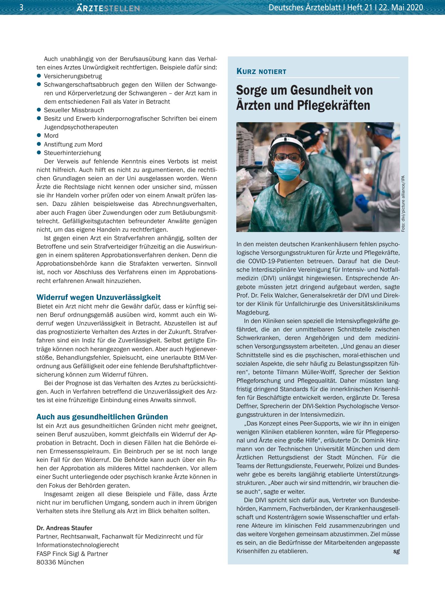 Vorschauseite 1: Sorge um Gesundheit von Ärzten und Pflegekräften – Deutsches Ärzteblatt