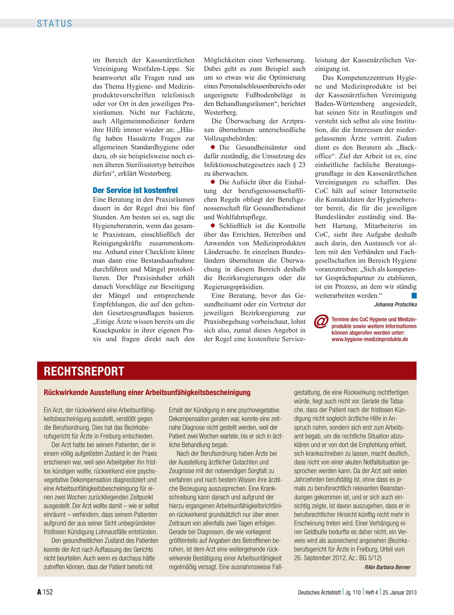 Vorschauseite 1: Rückwirkende Ausstellung einer Arbeitsunfähigkeitsbescheinigung – Deutsches Ärzteblatt
