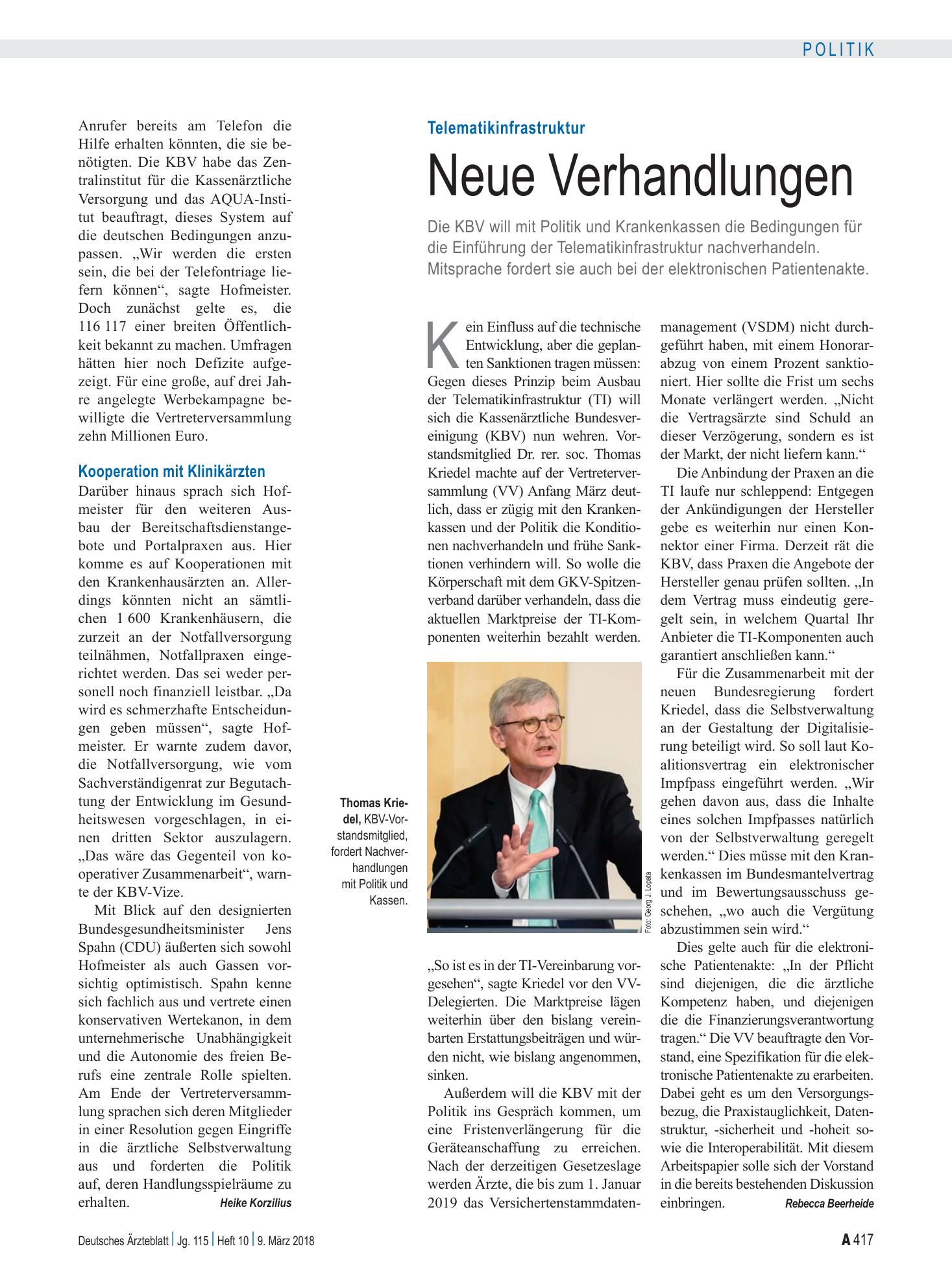 Vorschauseite 1: Telematikinfrastruktur: Neue Verhandlungen – Deutsches Ärzteblatt