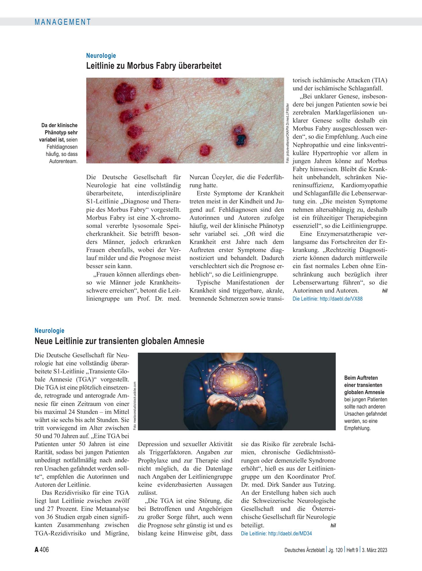 Vorschauseite 1: Neurologie: Leitlinie zu Morbus Fabry überarbeitet – Deutsches Ärzteblatt