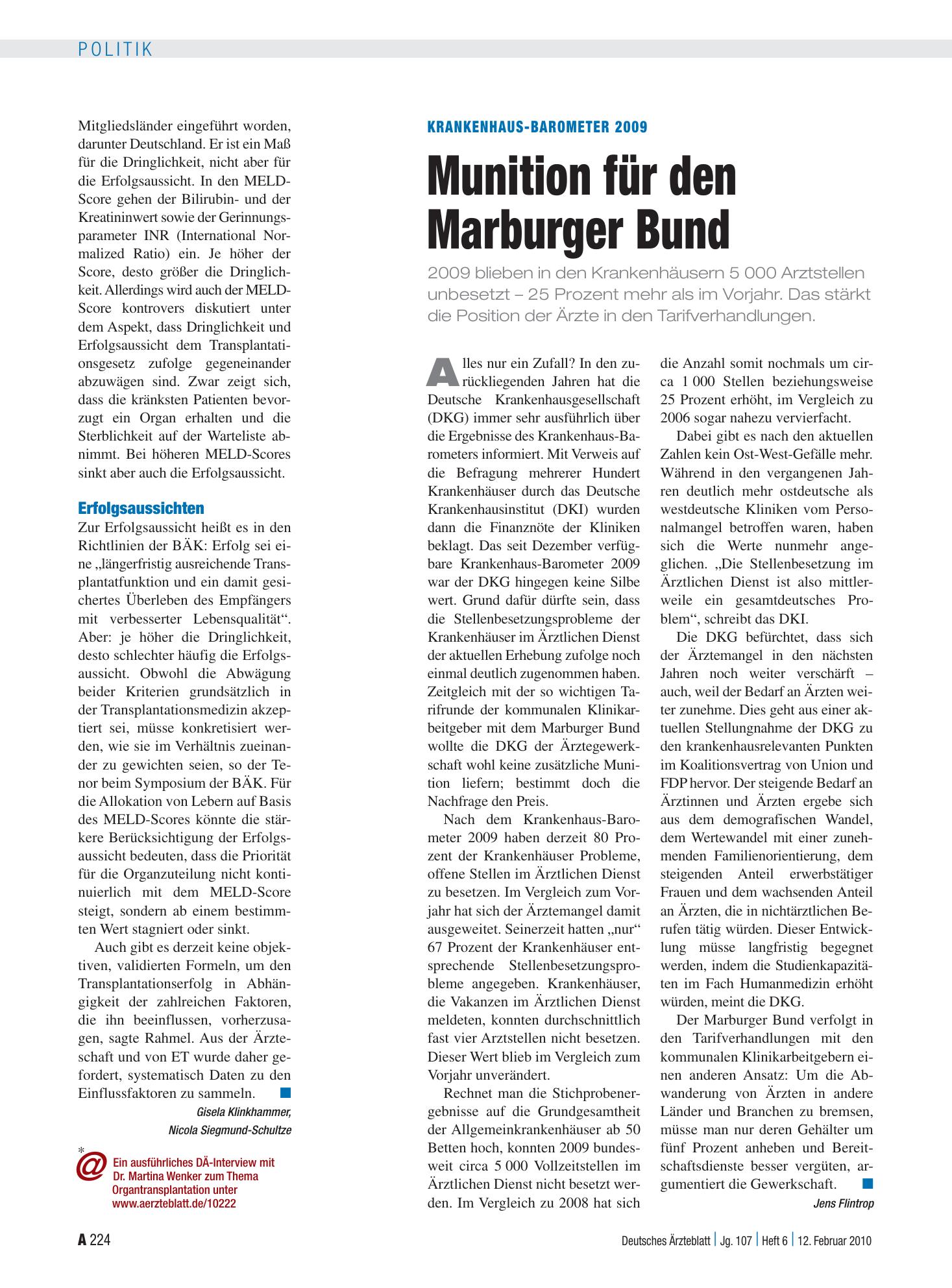 Vorschauseite 1: Krankenhaus-Barometer 2009: Munition für den Marburger Bund – Deutsches Ärzteblatt