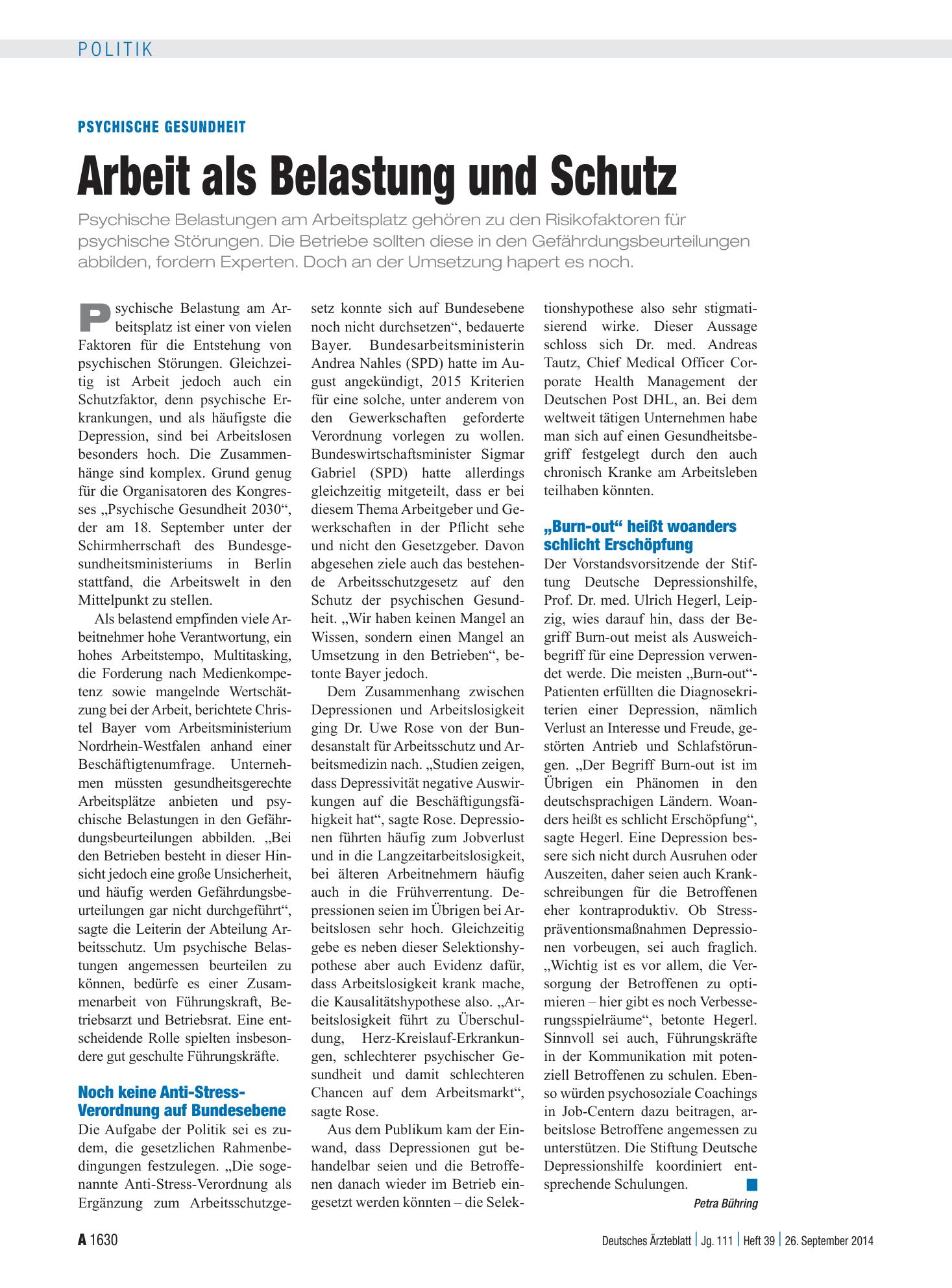 Vorschauseite 1: Psychische Gesundheit: Arbeit als Belastung und Schutz – Deutsches Ärzteblatt