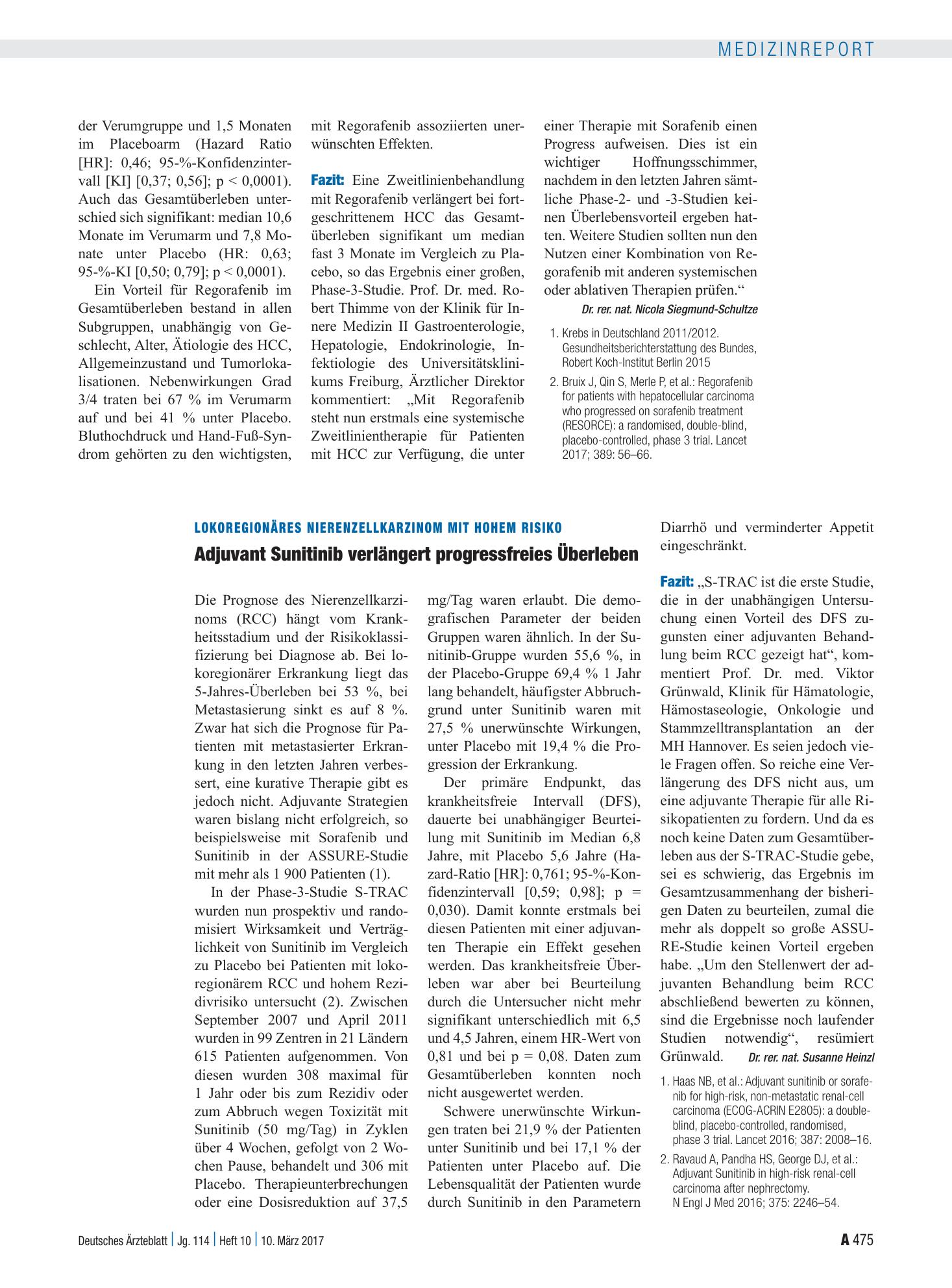 Vorschauseite 1: Lokoregionäres Nierenzellkarzinom mit hohem Risiko: Adjuvant Sunitinib verlängert progressfreies Überleben – Deutsches Ärzteblatt