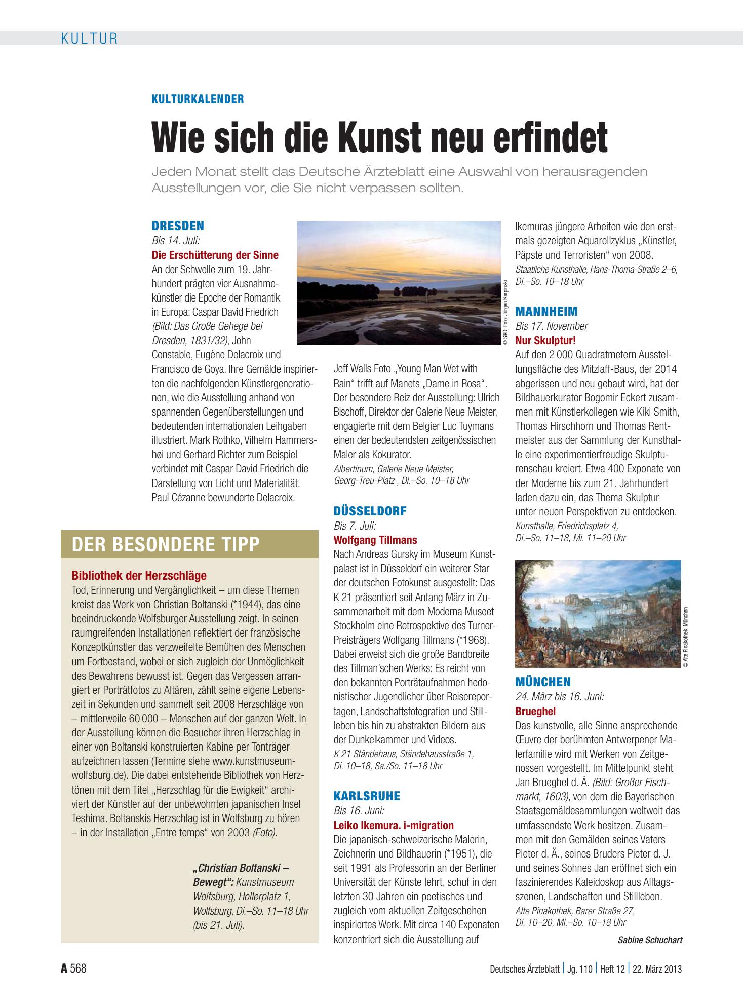 Vorschauseite 1: Kulturkalender: Wie sich die Kunst neu erfindet – Deutsches Ärzteblatt