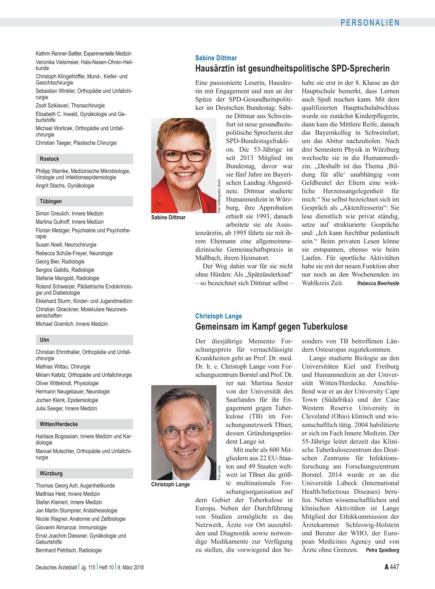Vorschauseite 1: Christoph Lange: Gemeinsam im Kampf gegen Tuberkulose – Deutsches Ärzteblatt
