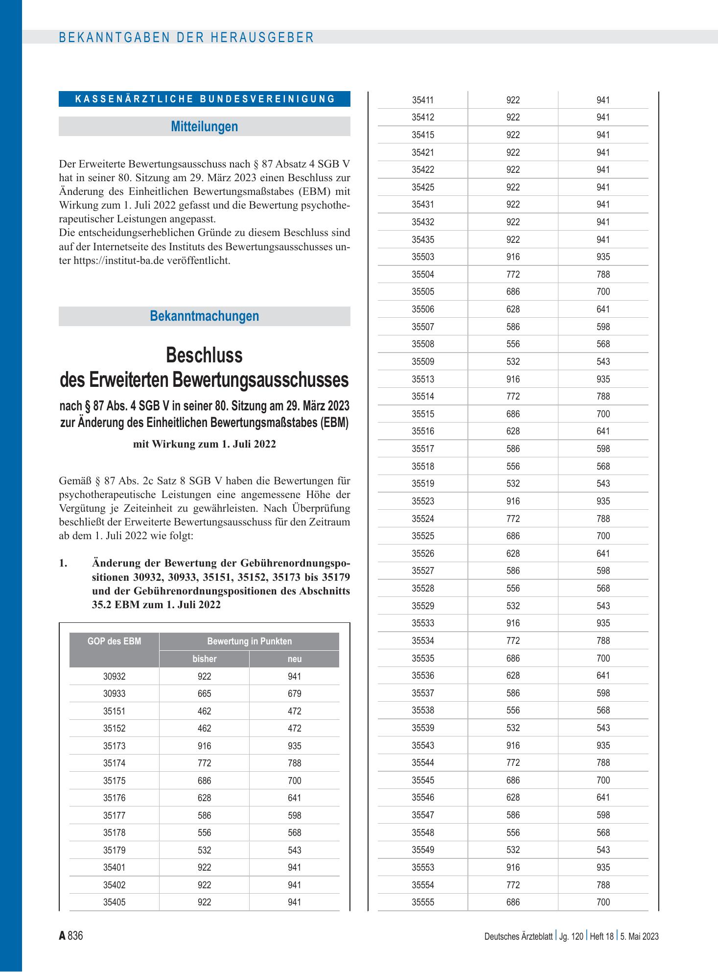 Vorschauseite 1: Beschluss des Erweiterten Bewertungsausschusses nach § 87 Abs. 4 SGB V in seiner 80. Sitzung am 29. März 2023 zur Änderung des Einheitlichen Bewertungsmaßstabes (EBM) – Deutsches…