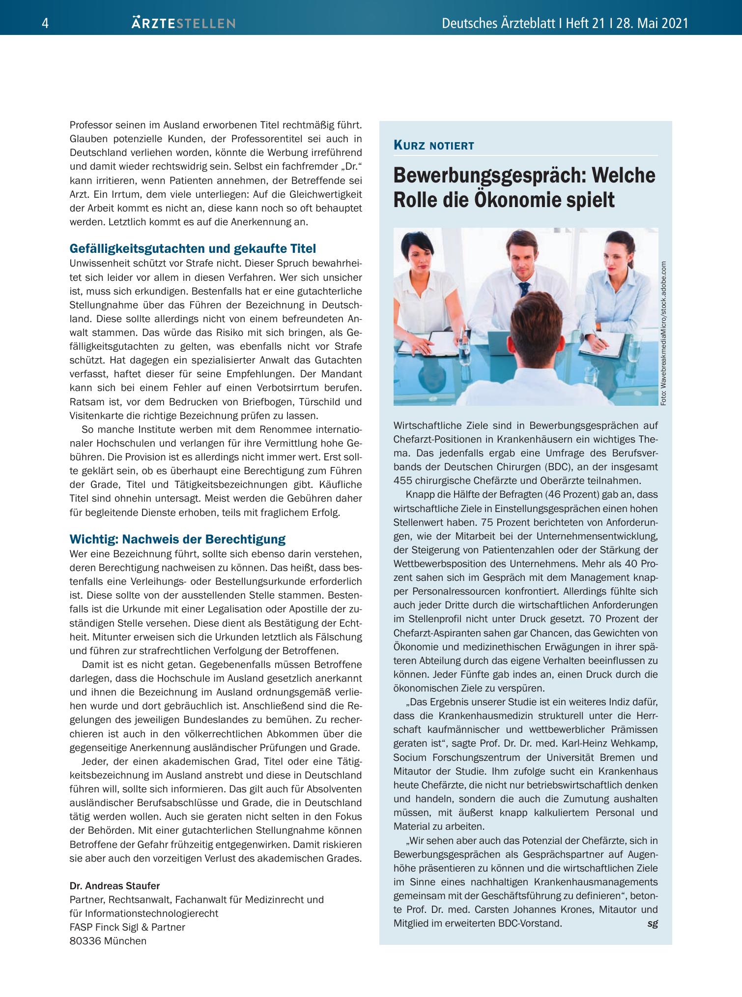Vorschauseite 1: Bewerbungsgespräch: Welche Rolle die Ökonomie spielt – Deutsches Ärzteblatt