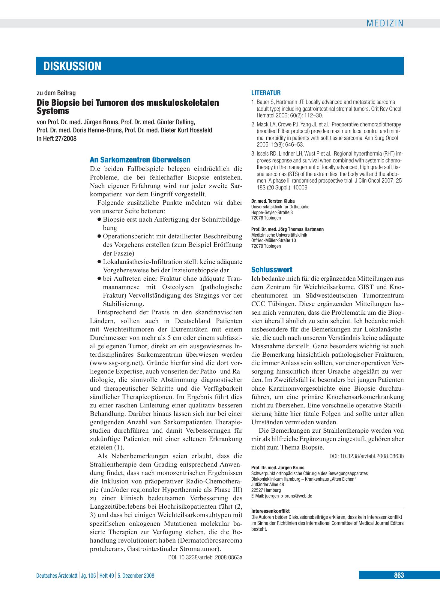 Vorschauseite 1: Die Biopsie bei Tumoren des muskuloskeletalen Systems: Schlusswort – Deutsches Ärzteblatt