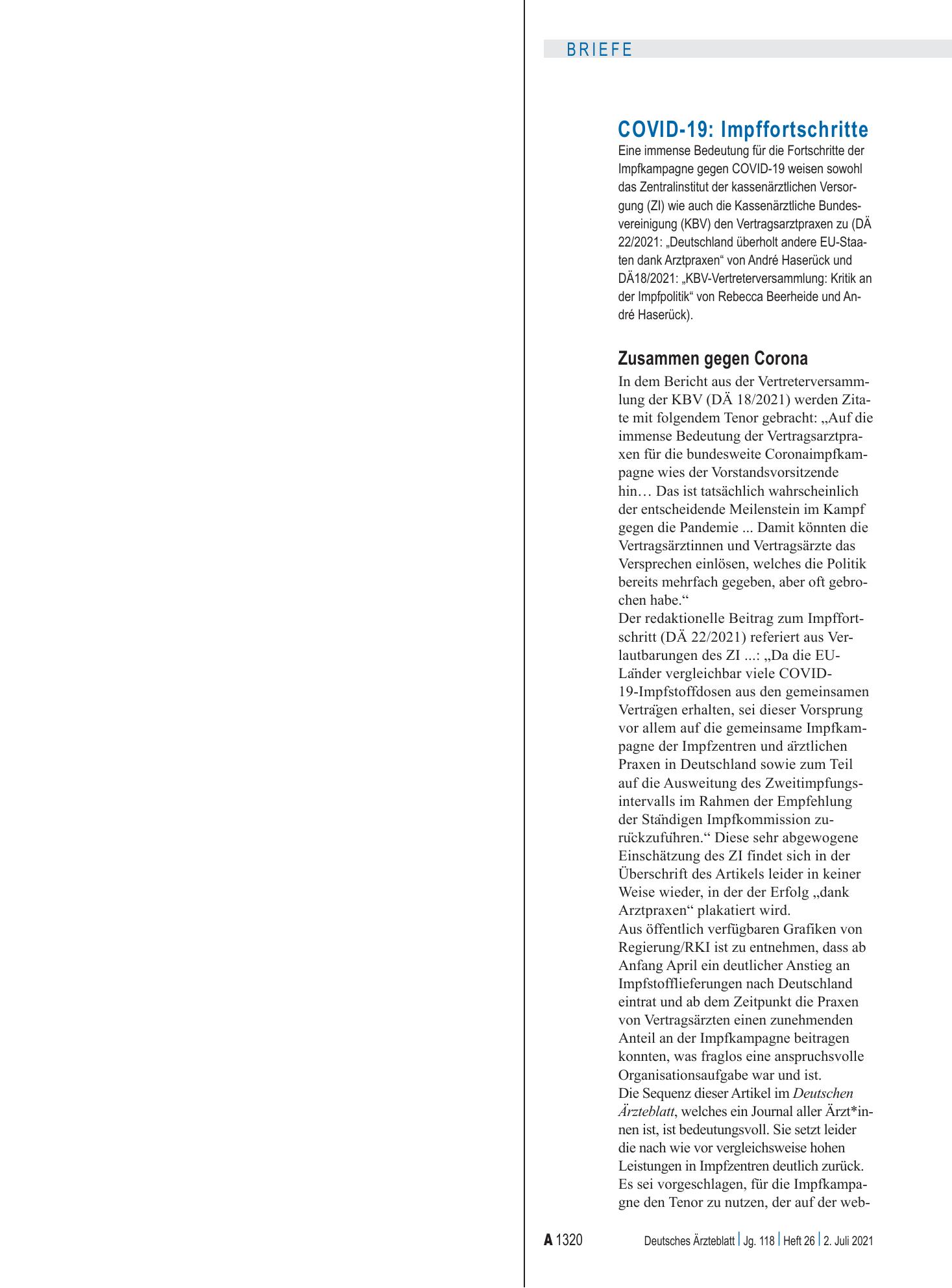 Vorschauseite 1: COVID-19: Impffortschritte: Zusammen gegen Corona – Deutsches Ärzteblatt