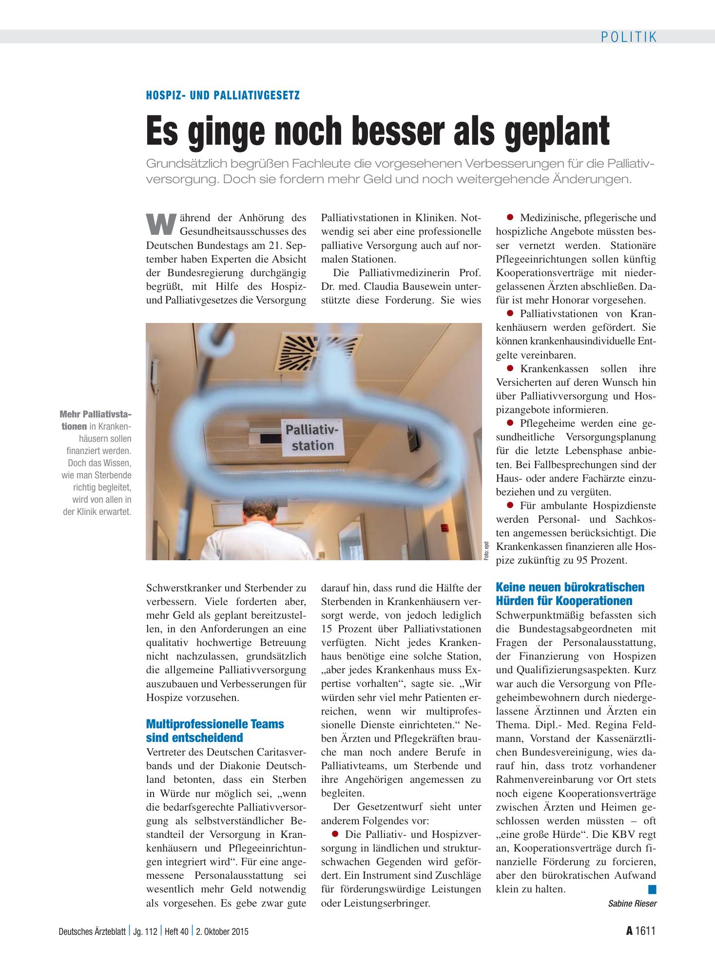 Vorschauseite 1: Hospiz- und Palliativgesetz: Es ginge noch besser als geplant – Deutsches Ärzteblatt