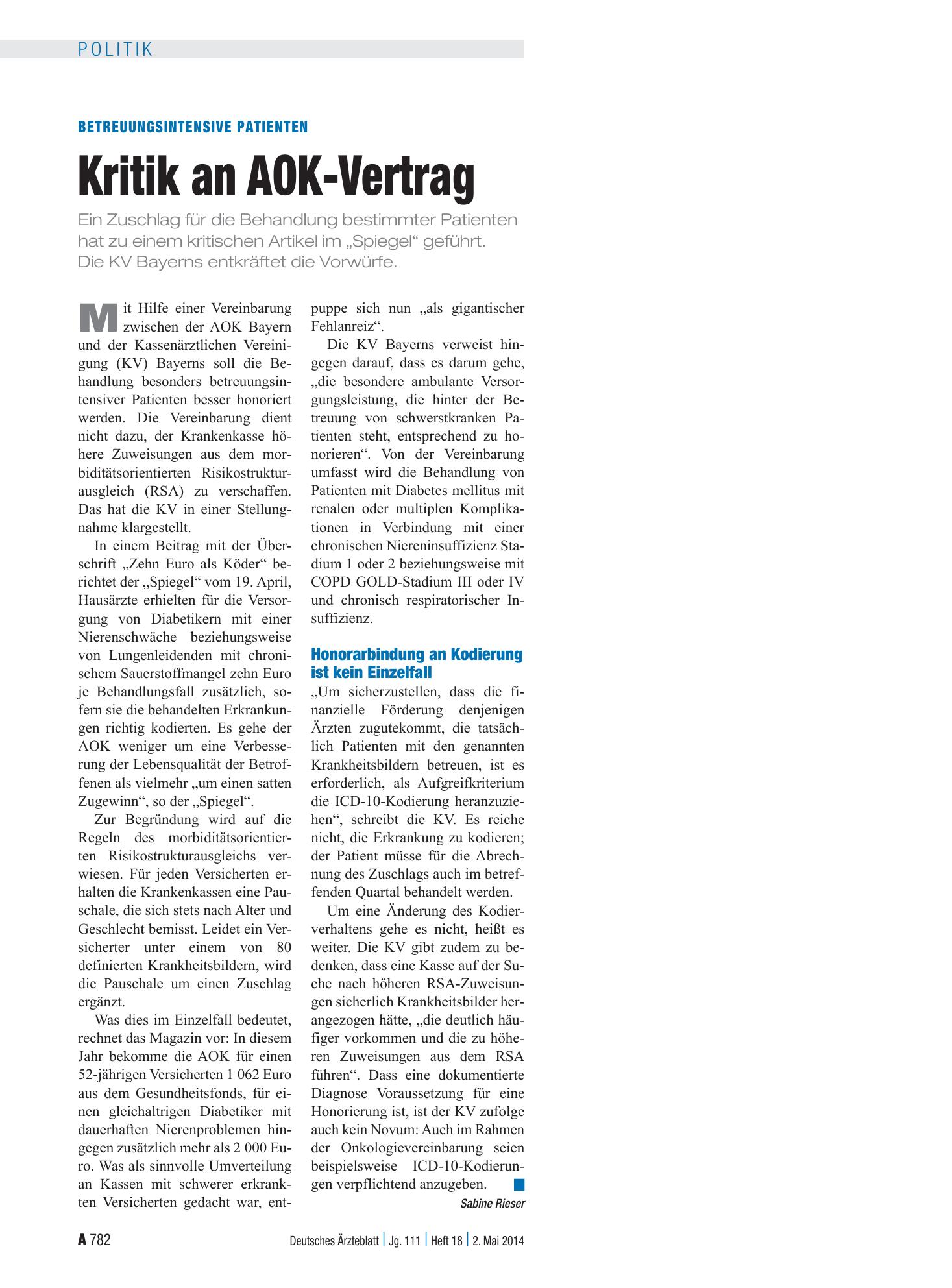 Vorschauseite 1: Betreuungsintensive Patienten: Kritik an AOK-Vertrag – Deutsches Ärzteblatt