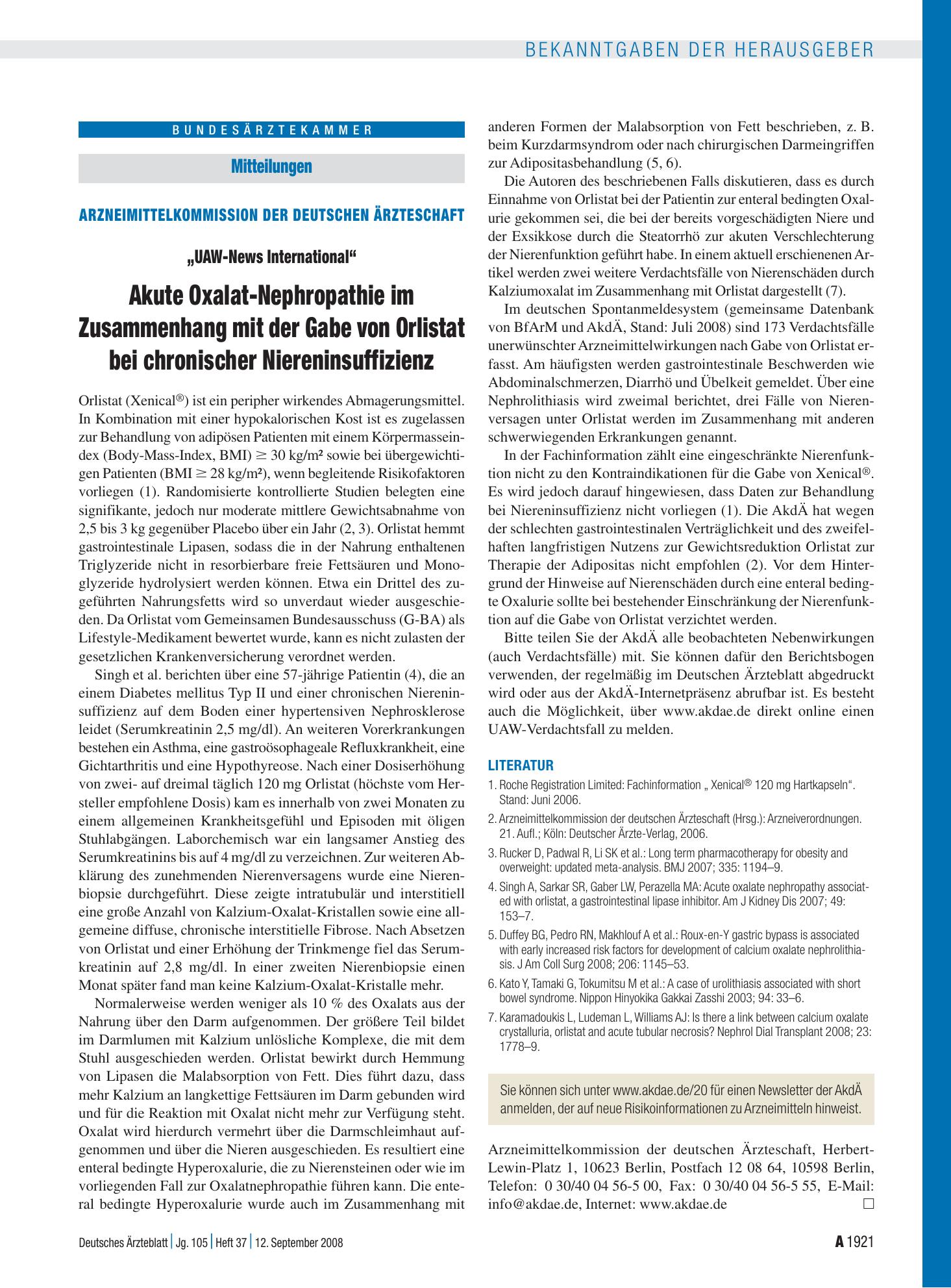 Vorschauseite 1: Mitteilungen: Arzneimittelkommission der deutschen Ärzteschaft: „UAW-News International“ Akute Oxalat-Nephropathie im Zusammenhang mit der Gabe von Orlistat bei chronischer Nieren…